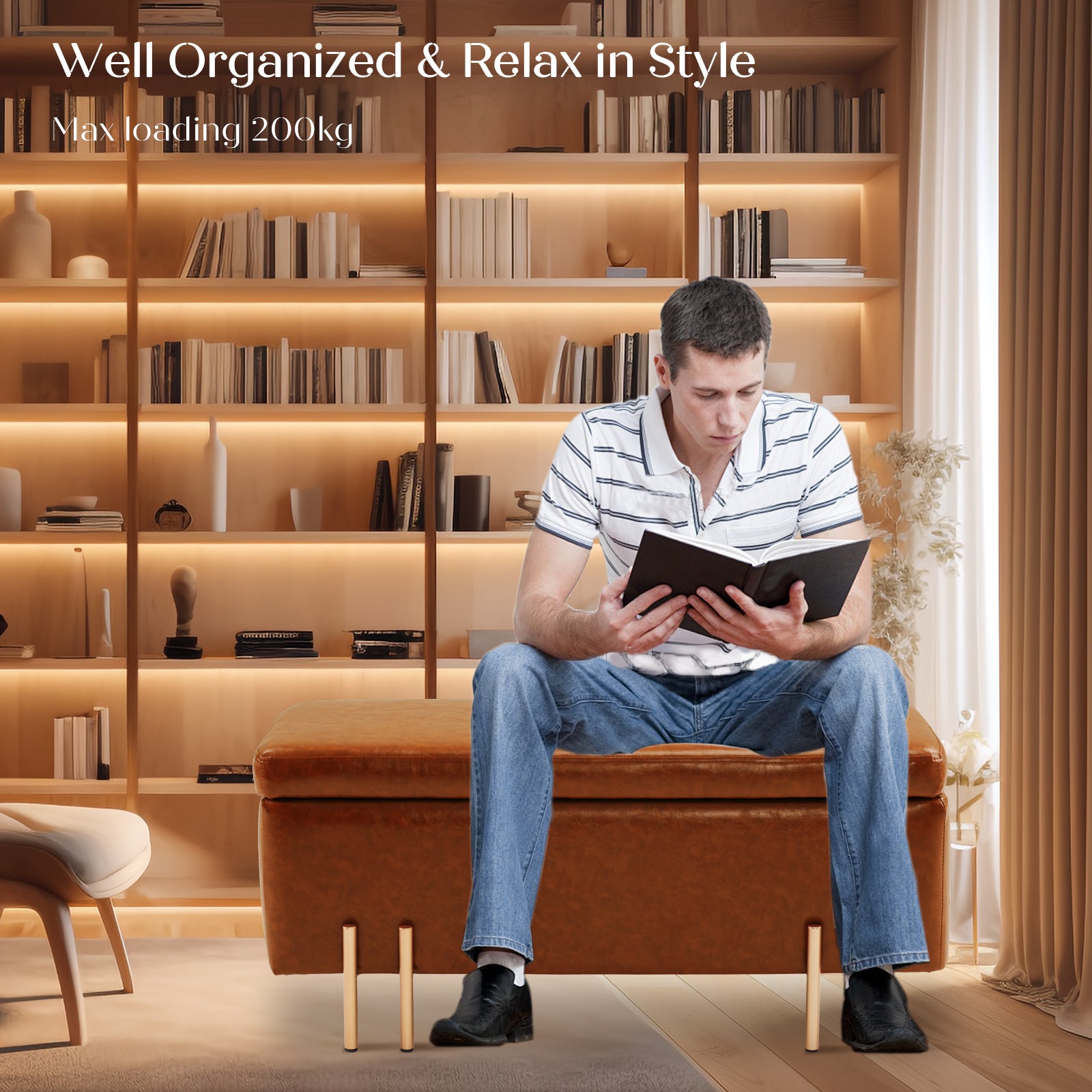 Storage Ottoman Stool Bench Seat 97cm PU Leather BROWN - VogueDecor.au