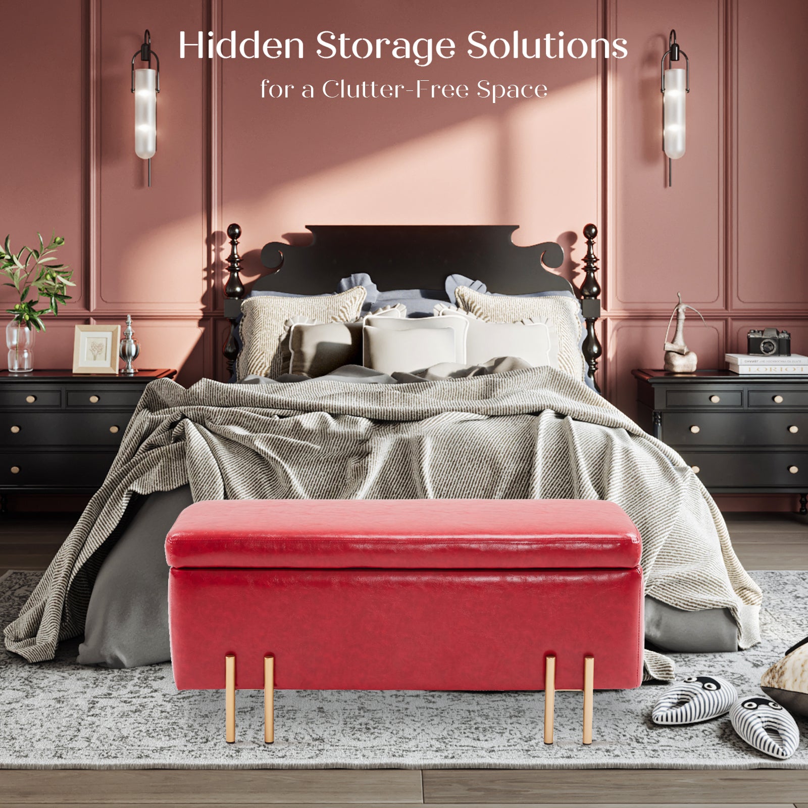 Storage Ottoman Stool Bench Seat 97cm PU Leather RED - VogueDecor.au