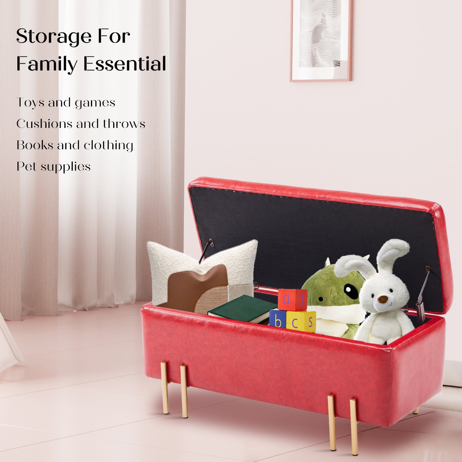 Storage Ottoman Stool Bench Seat 97cm PU Leather RED - VogueDecor.au