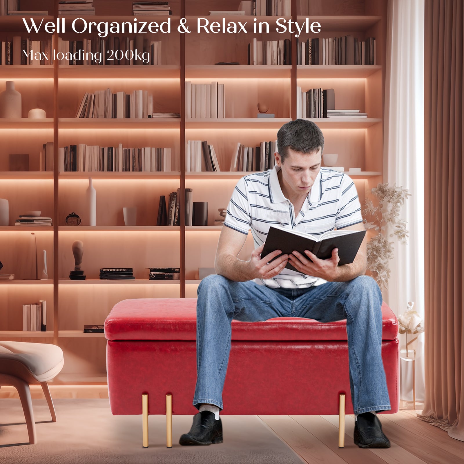 Storage Ottoman Stool Bench Seat 97cm PU Leather RED - VogueDecor.au