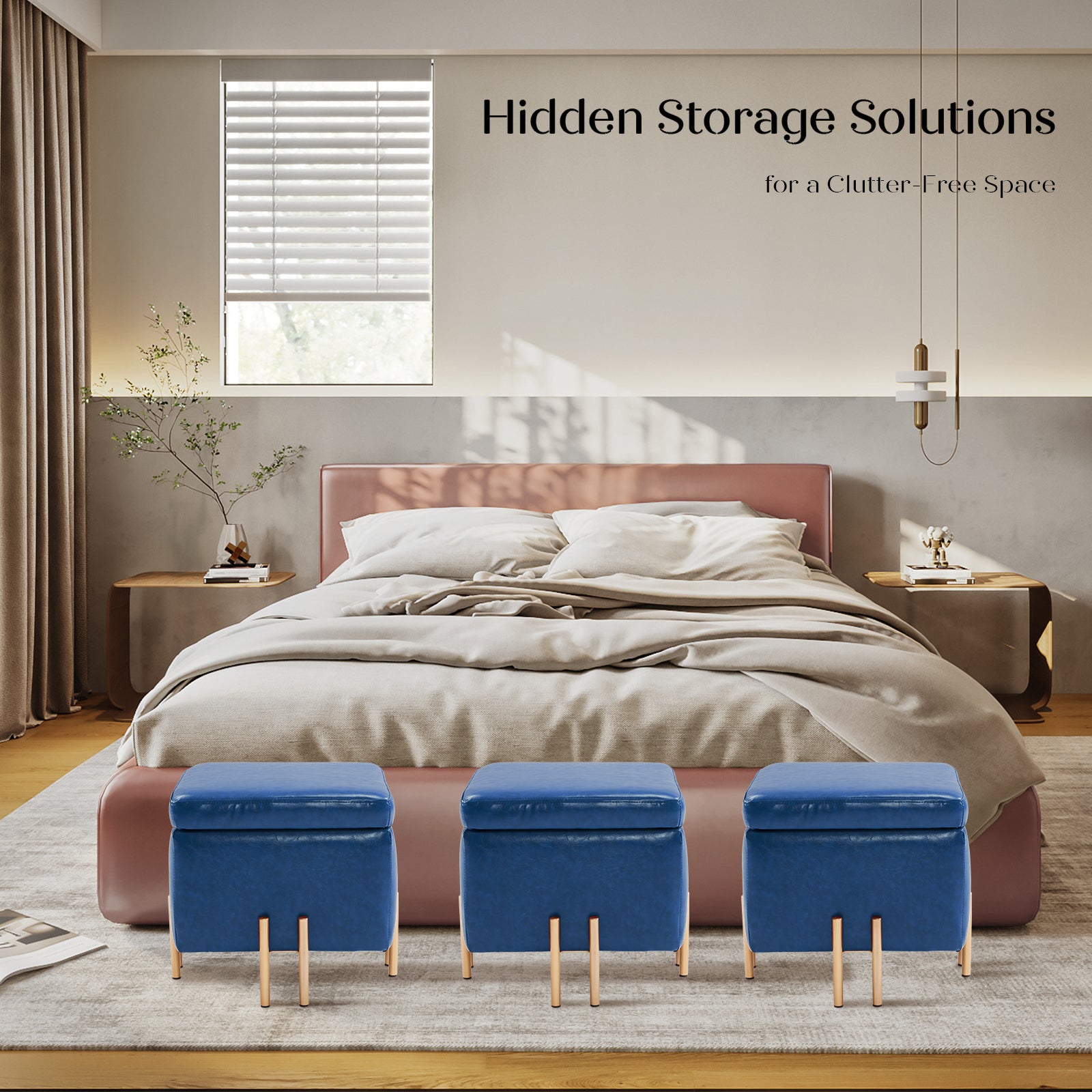 Storage Ottoman Foot Stool Cube Tuffet Seat 45cm PU Leather BLUE - VogueDecor.au