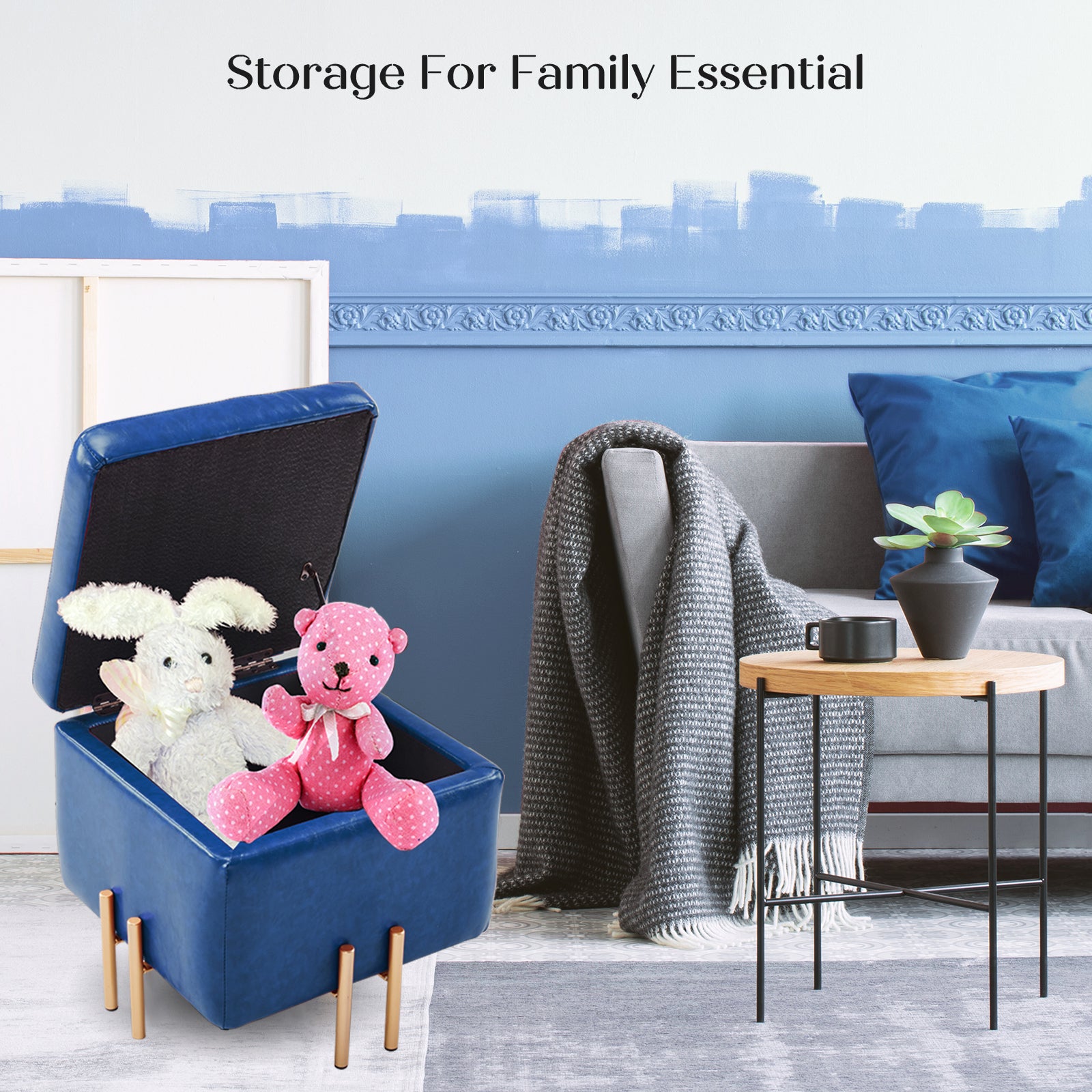 Storage Ottoman Foot Stool Cube Tuffet Seat 45cm PU Leather BLUE - VogueDecor.au