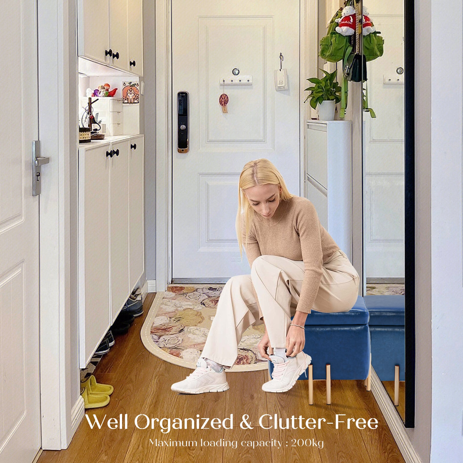 Storage Ottoman Foot Stool Cube Tuffet Seat 45cm PU Leather BLUE - VogueDecor.au