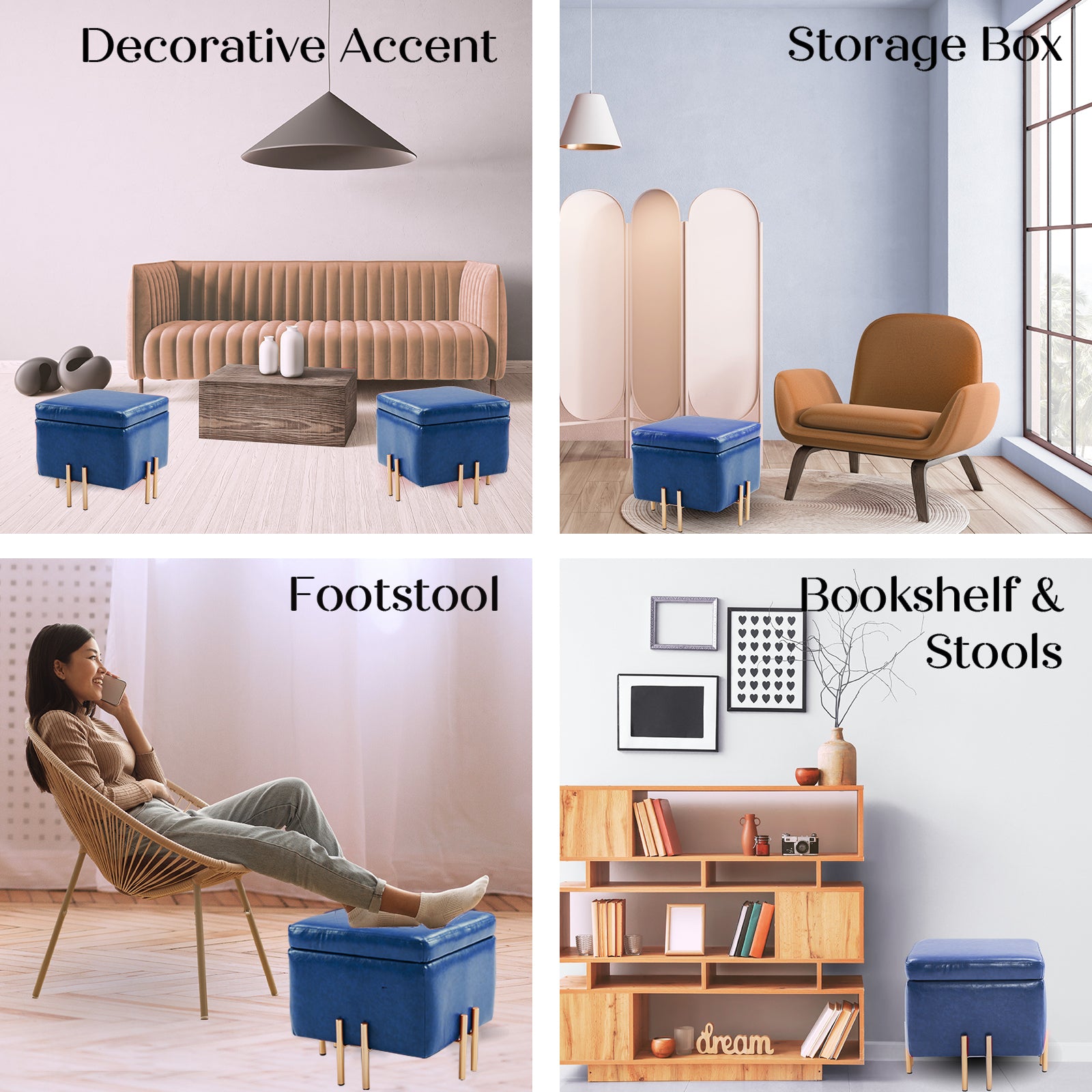 Storage Ottoman Foot Stool Cube Tuffet Seat 45cm PU Leather BLUE - VogueDecor.au