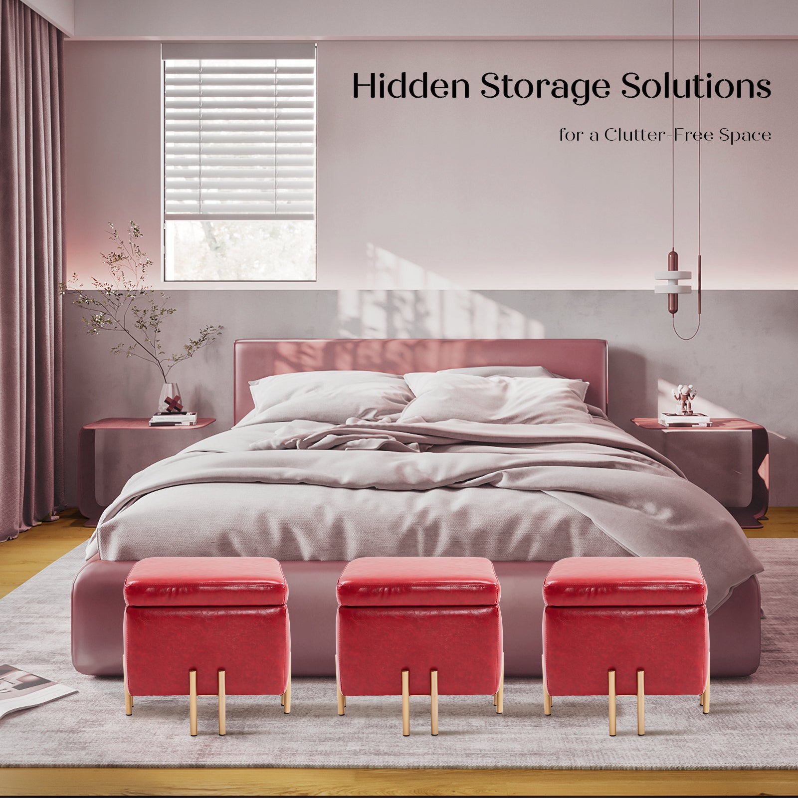 Storage Ottoman Foot Stool Cube Tuffet Seat 45cm PU Leather RED - VogueDecor.au