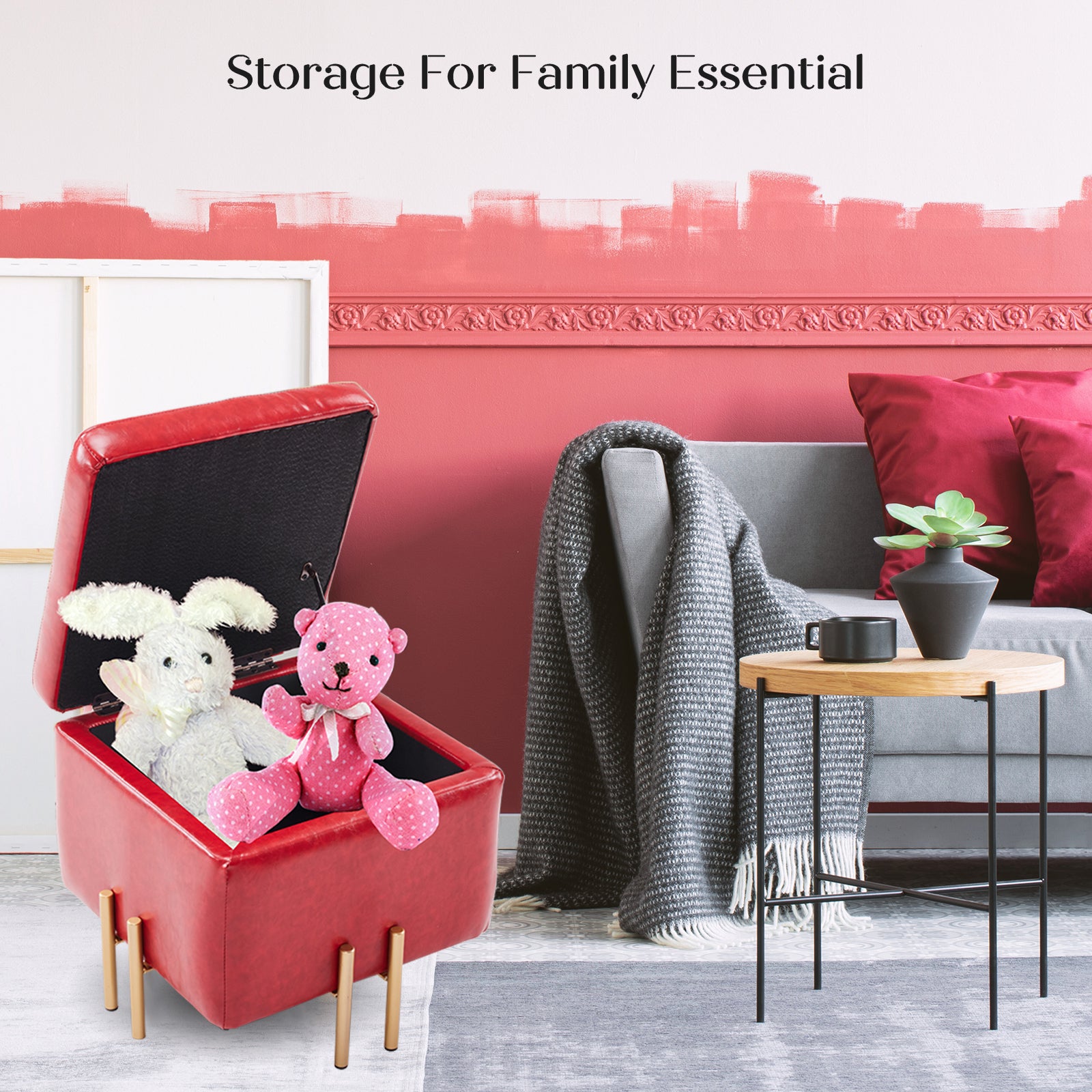 Storage Ottoman Foot Stool Cube Tuffet Seat 45cm PU Leather RED - VogueDecor.au