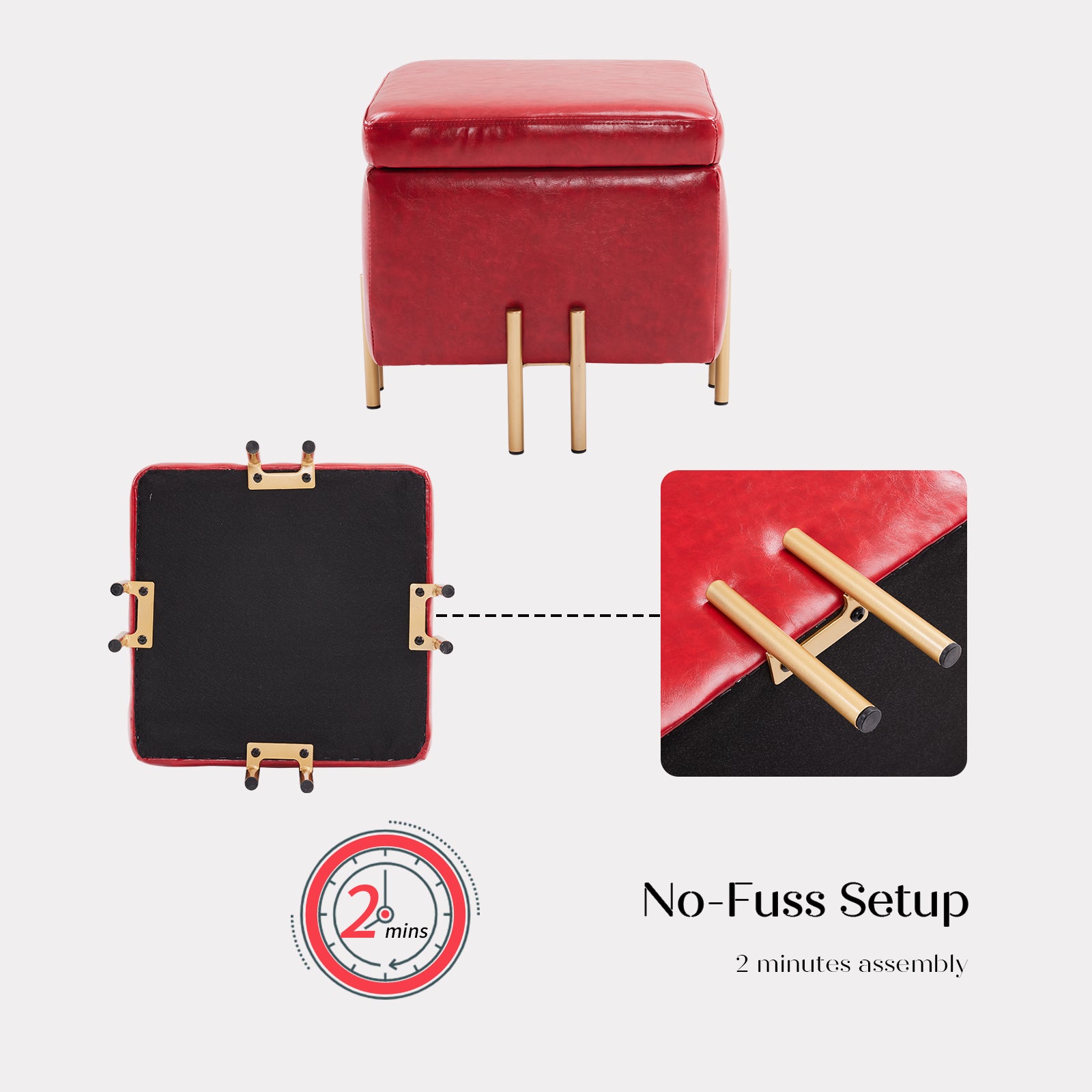 Storage Ottoman Foot Stool Cube Tuffet Seat 45cm PU Leather RED - VogueDecor.au