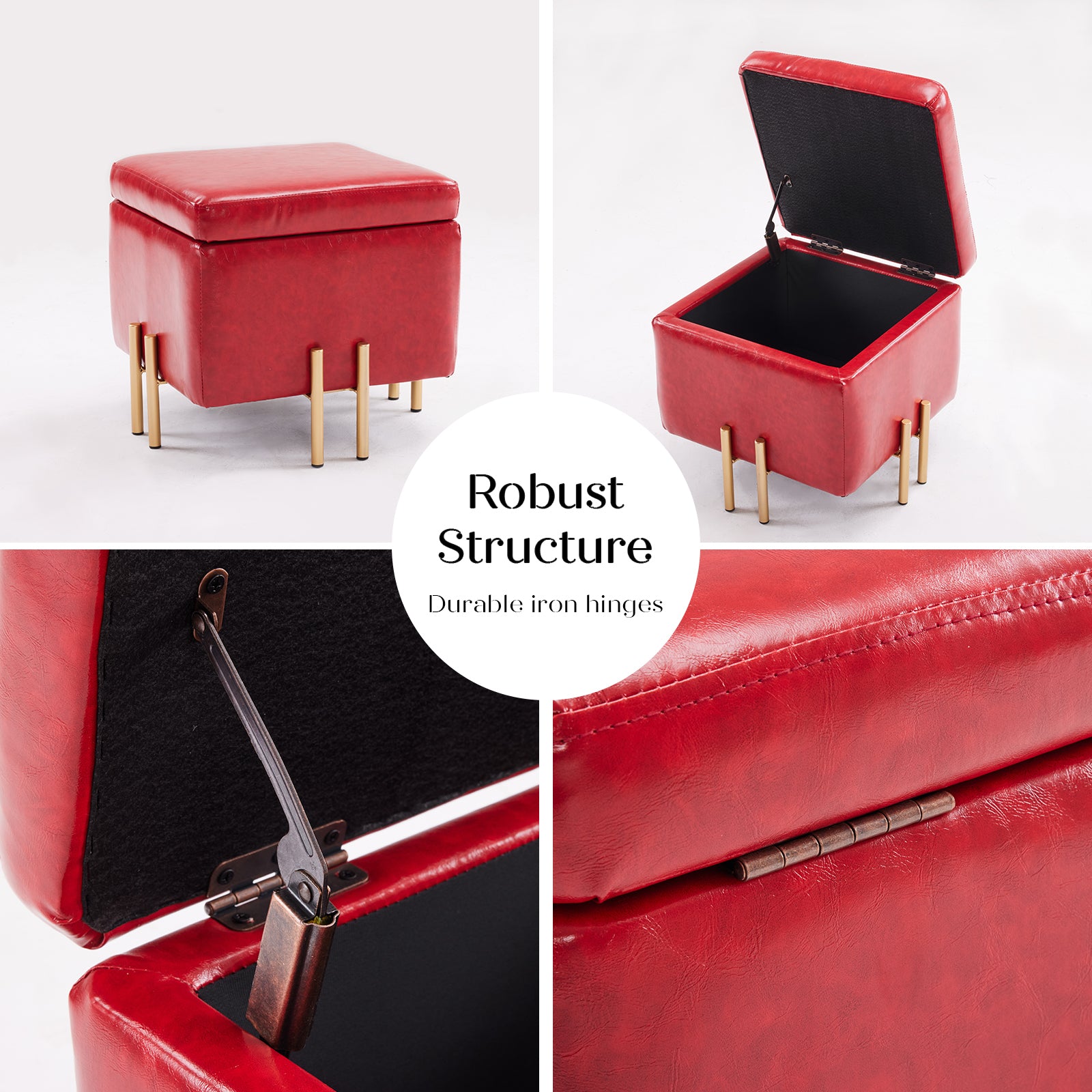 Storage Ottoman Foot Stool Cube Tuffet Seat 45cm PU Leather RED - VogueDecor.au