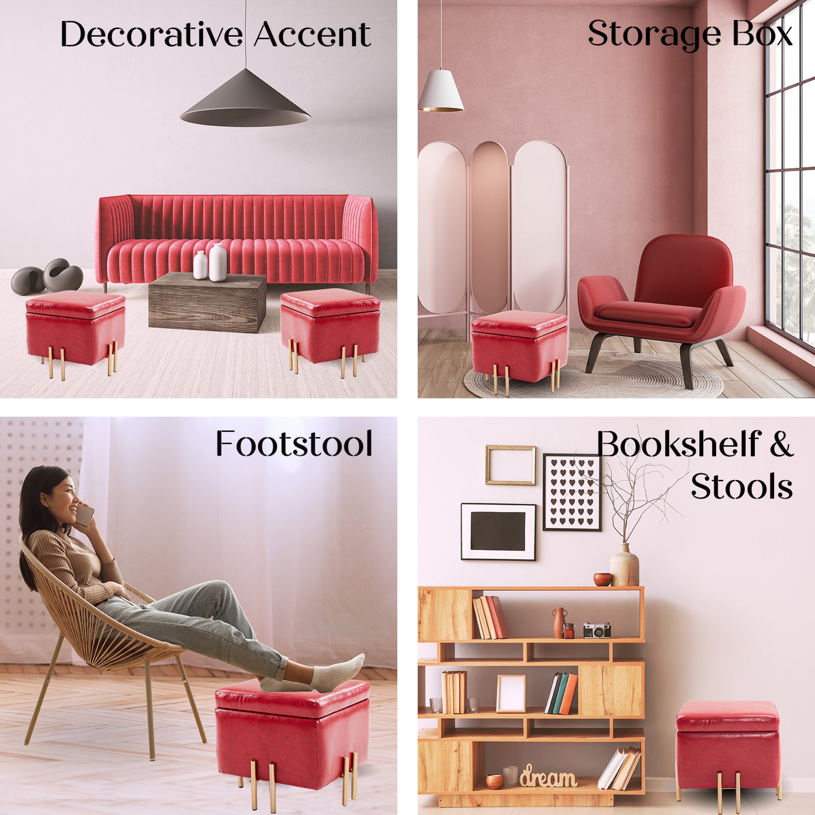 Storage Ottoman Foot Stool Cube Tuffet Seat 45cm PU Leather RED - VogueDecor.au