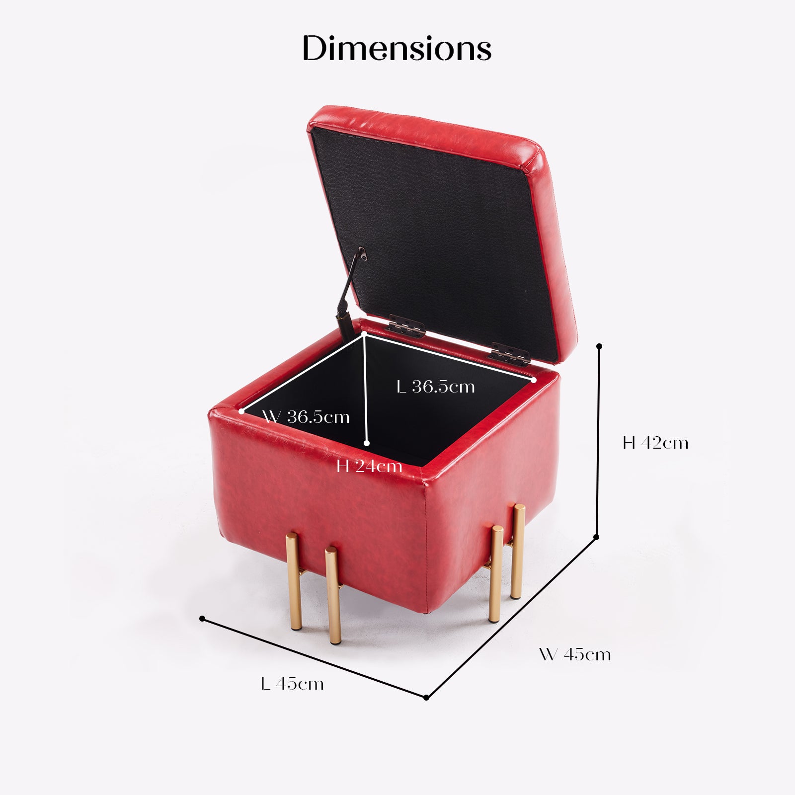 Storage Ottoman Foot Stool Cube Tuffet Seat 45cm PU Leather RED - VogueDecor.au