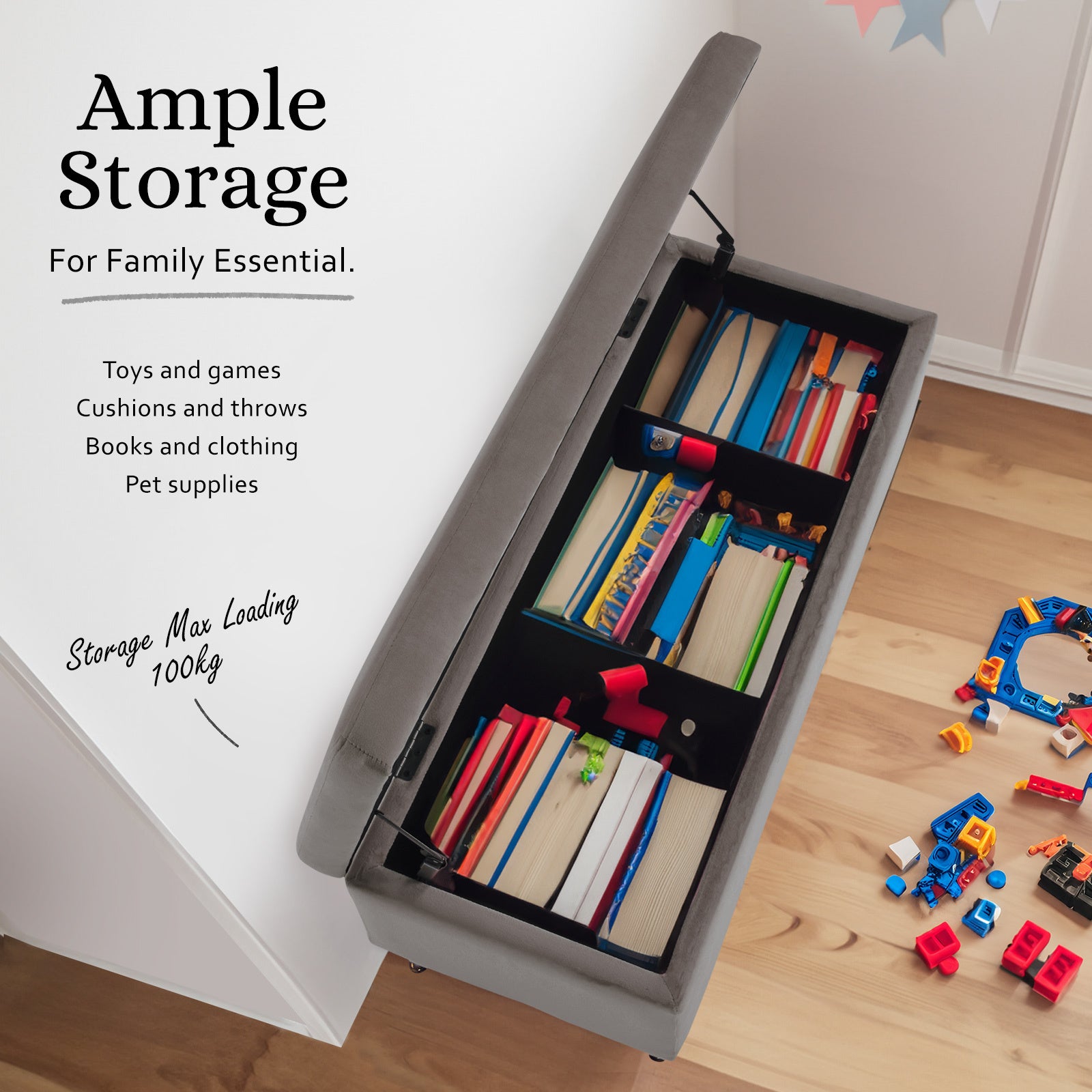 Storage Ottoman Stool Bench Seat 110cm Velvet GREY - VogueDecor.au