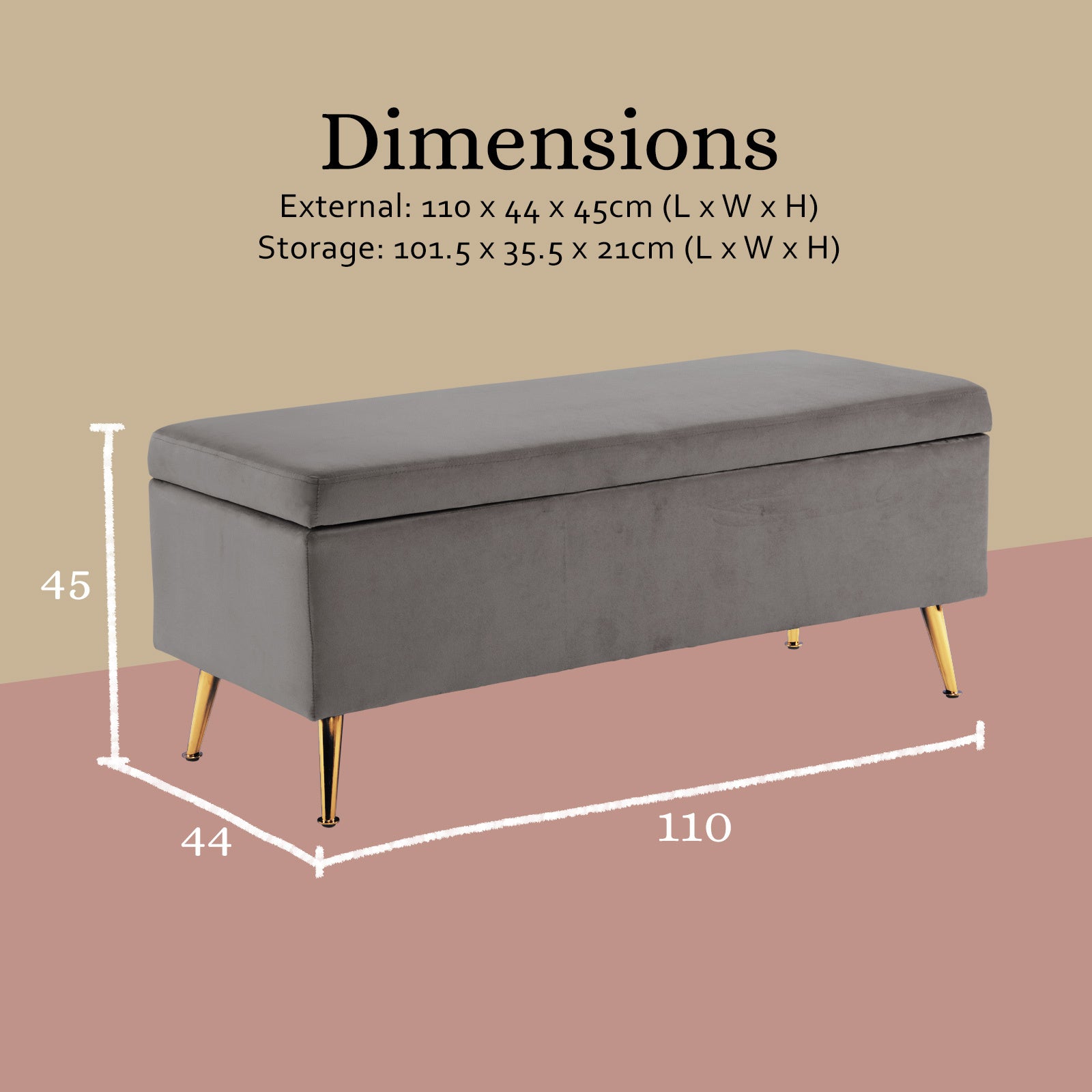 Storage Ottoman Stool Bench Seat 110cm Velvet GREY - VogueDecor.au