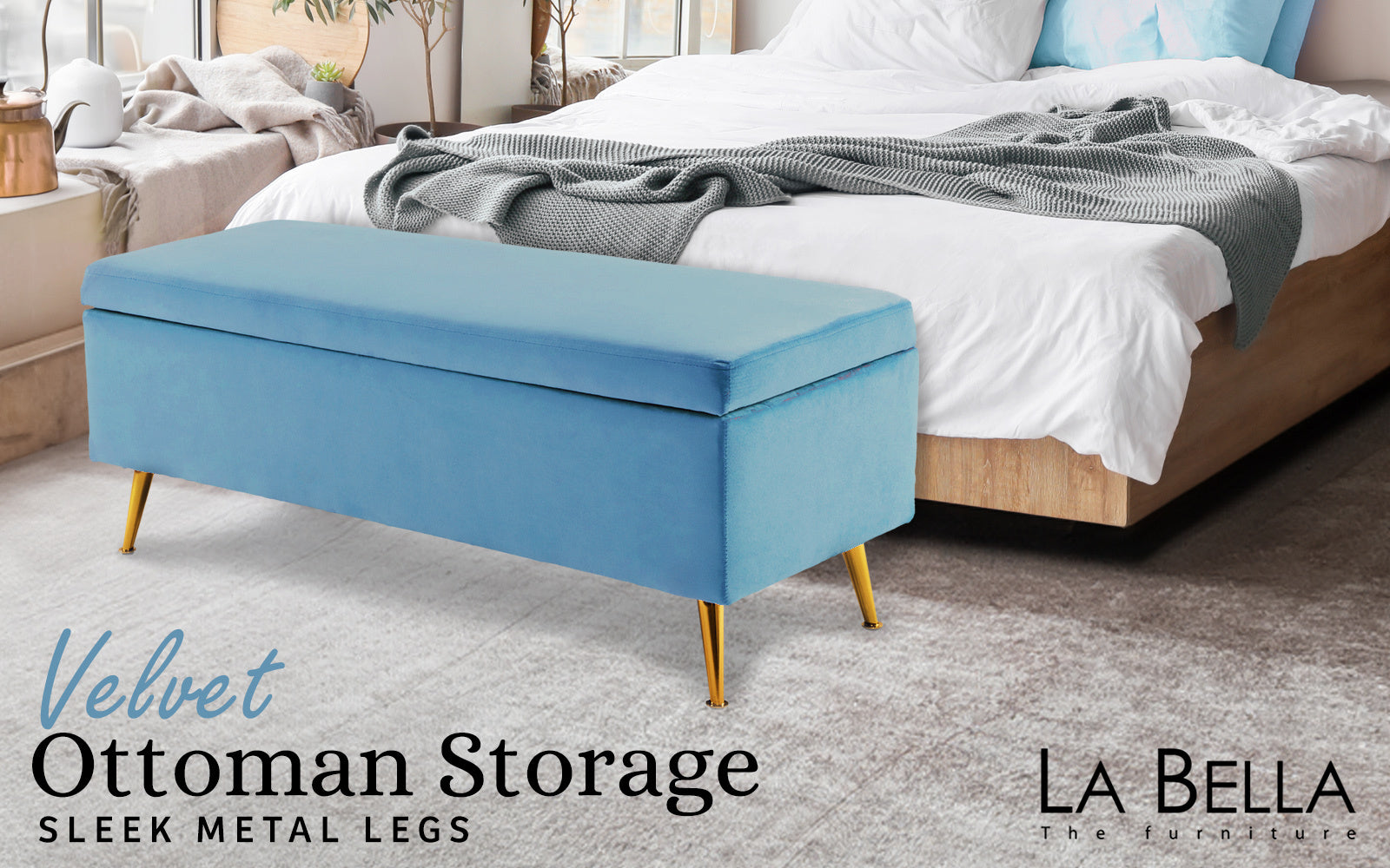 Storage Ottoman Stool Bench Seat 110cm Velvet OCEAN BLUE - VogueDecor.au