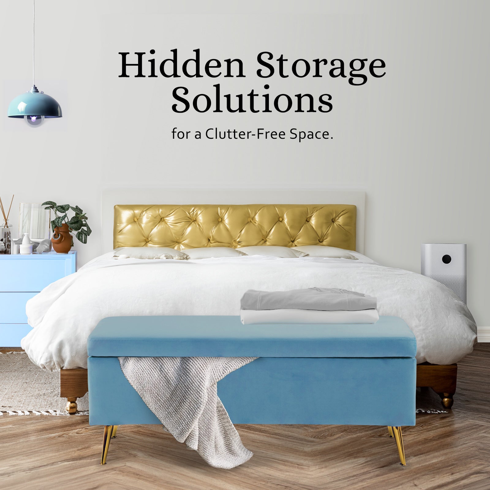 Storage Ottoman Stool Bench Seat 110cm Velvet OCEAN BLUE - VogueDecor.au