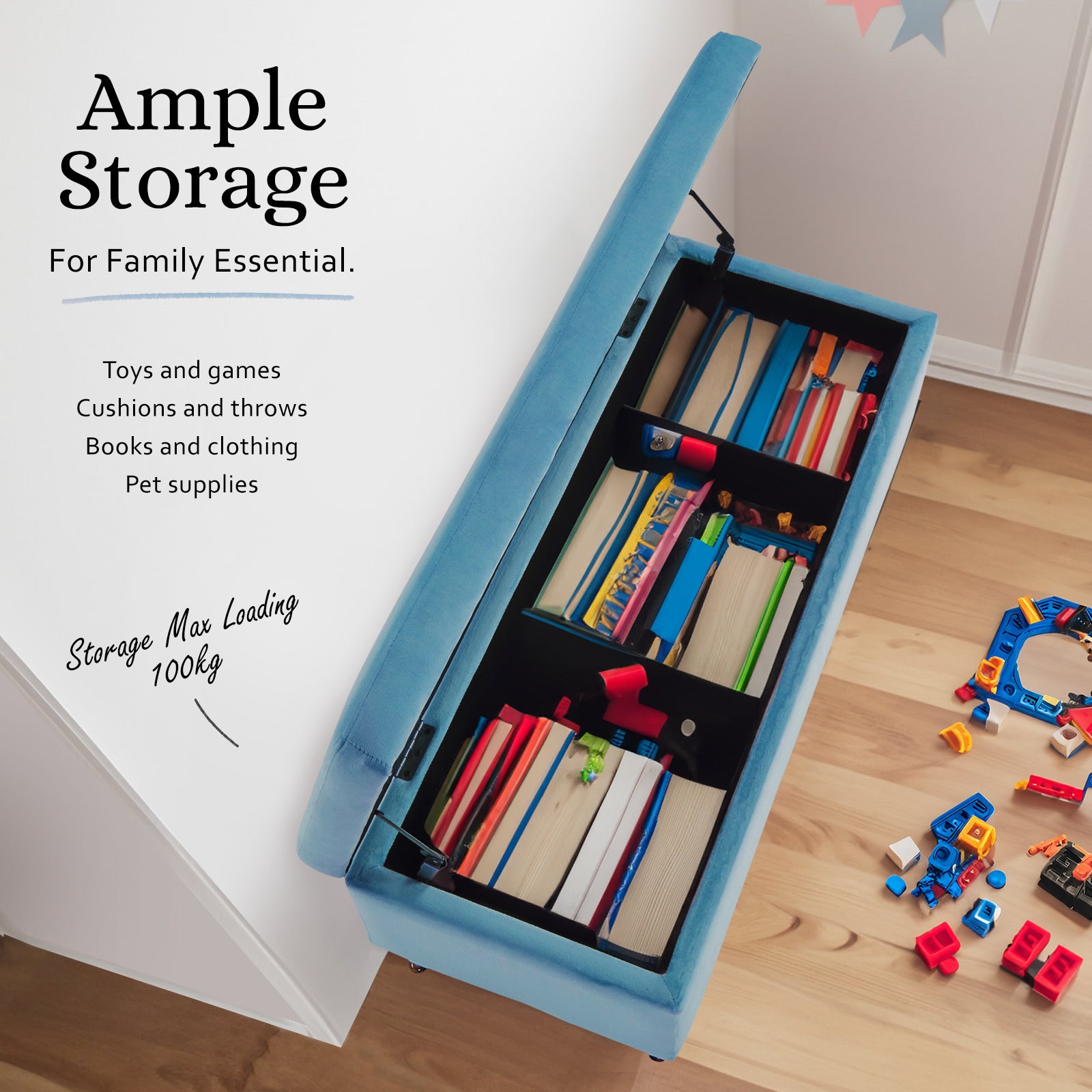 Storage Ottoman Stool Bench Seat 110cm Velvet OCEAN BLUE - VogueDecor.au