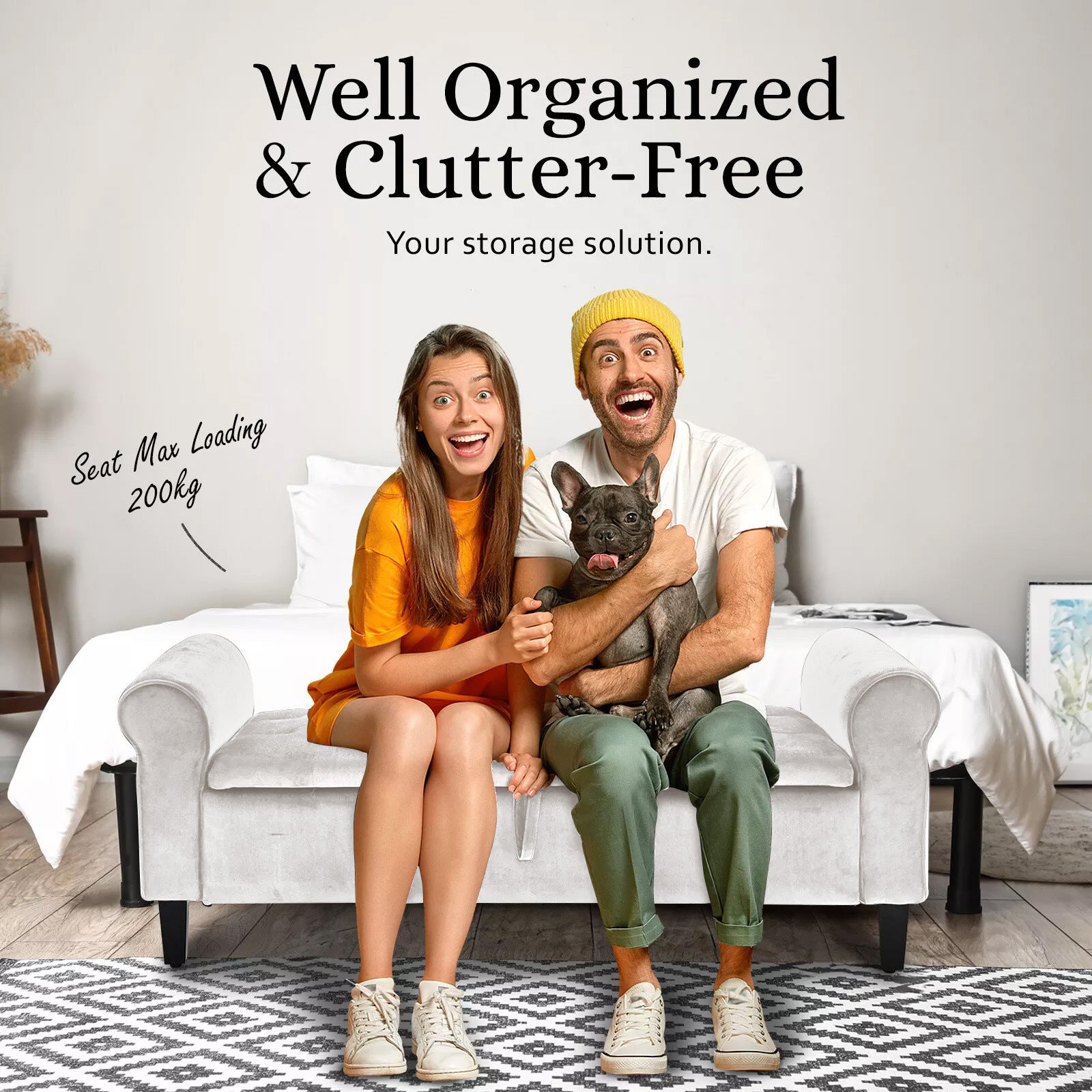 Storage Ottoman Stool Arm Bench Seat 132cm Velvet BEIGE - VogueDecor.au