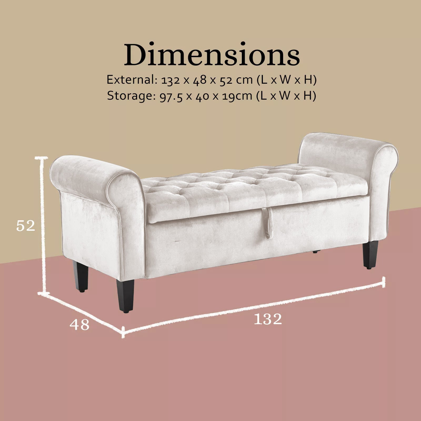 Storage Ottoman Stool Arm Bench Seat 132cm Velvet BEIGE - VogueDecor.au