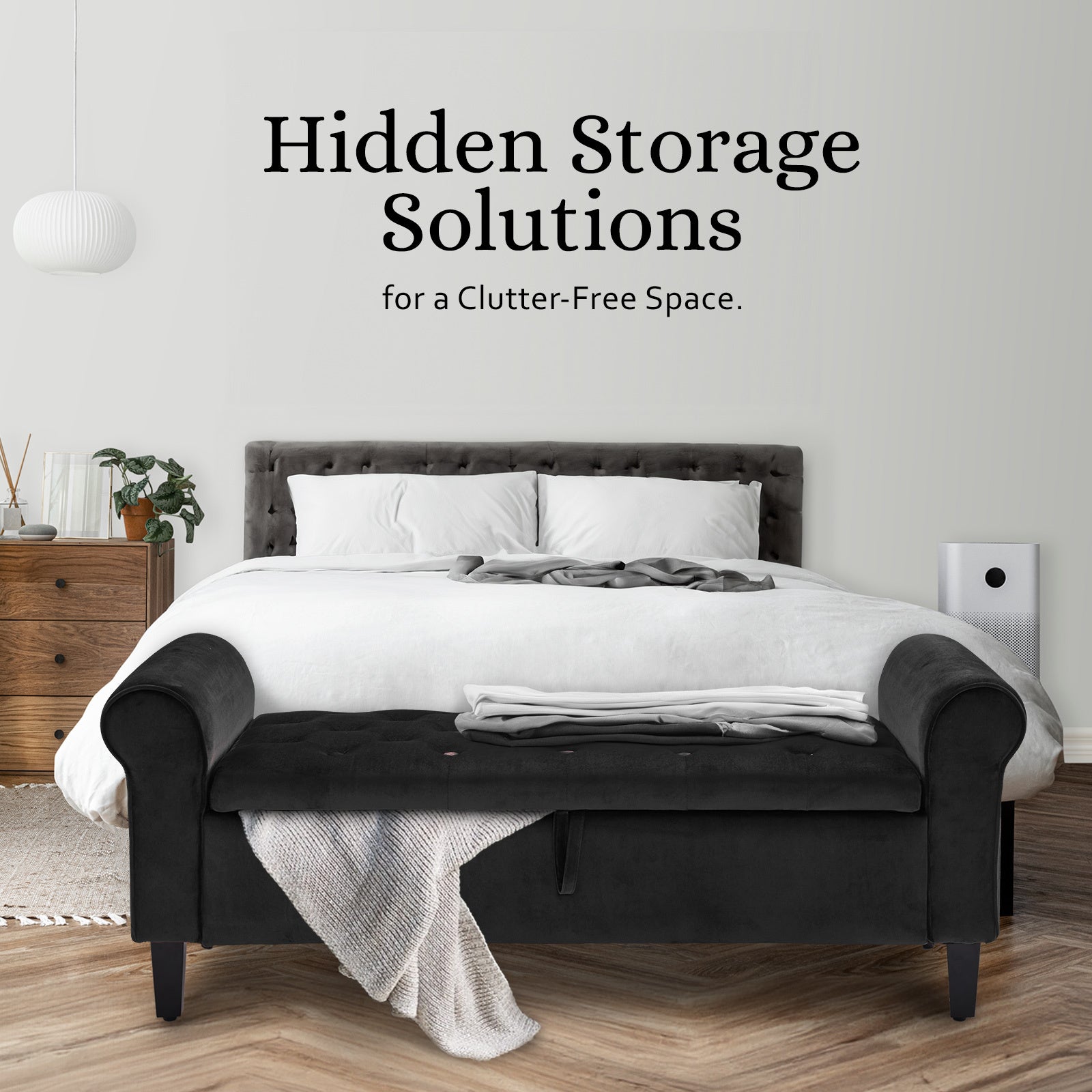 Storage Ottoman Stool Arm Bench Seat 132cm Velvet BLACK - VogueDecor.au