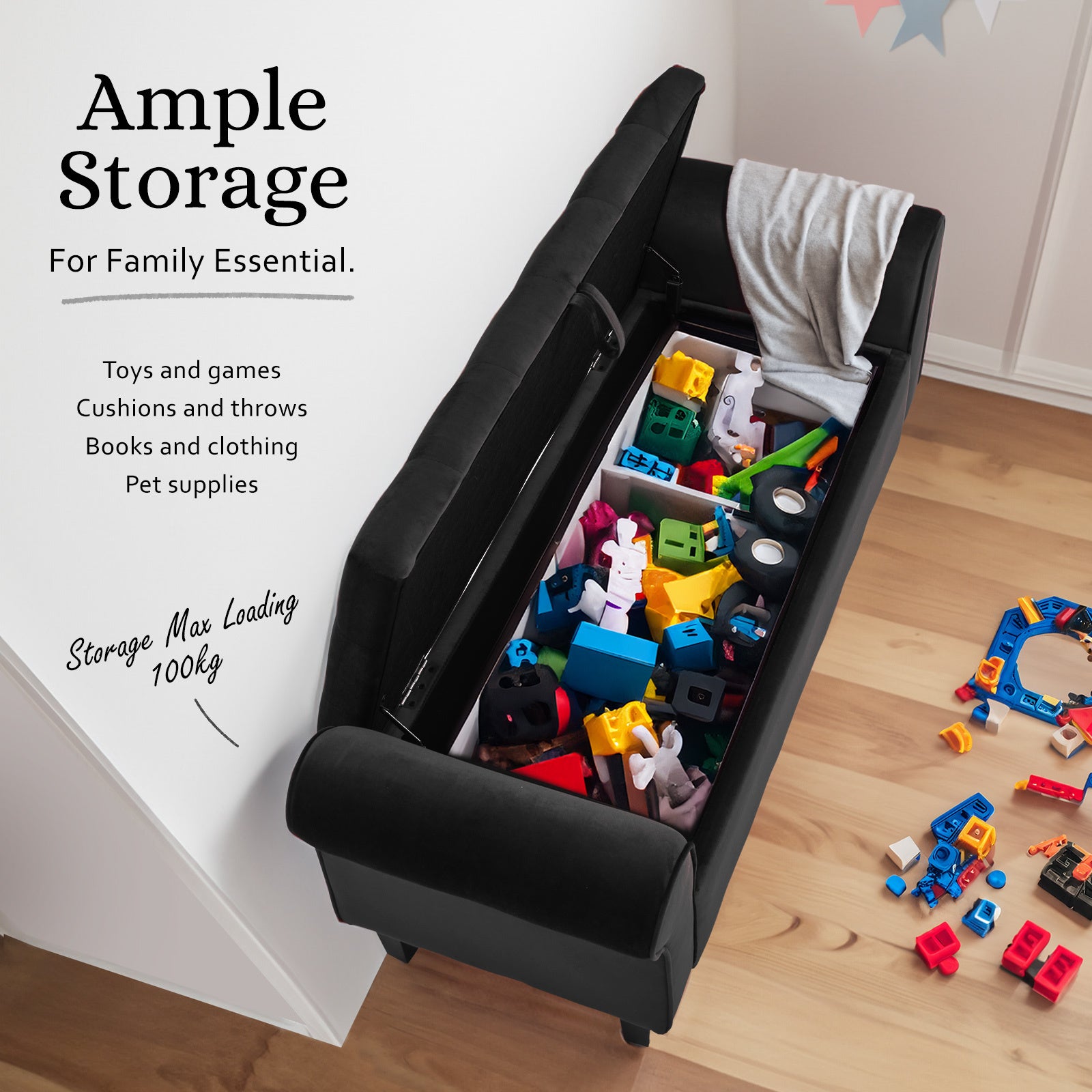 Storage Ottoman Stool Arm Bench Seat 132cm Velvet BLACK - VogueDecor.au