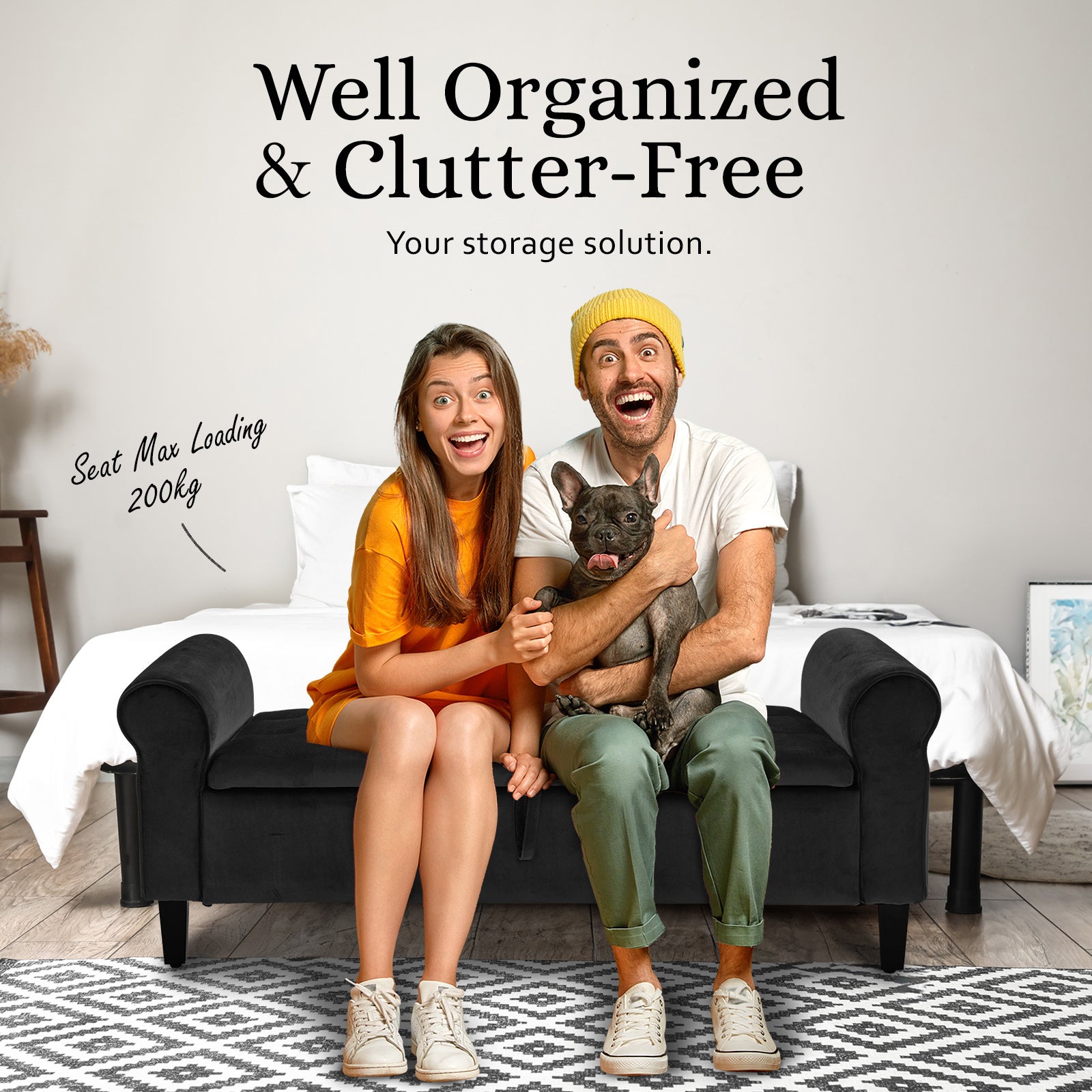 Storage Ottoman Stool Arm Bench Seat 132cm Velvet BLACK - VogueDecor.au