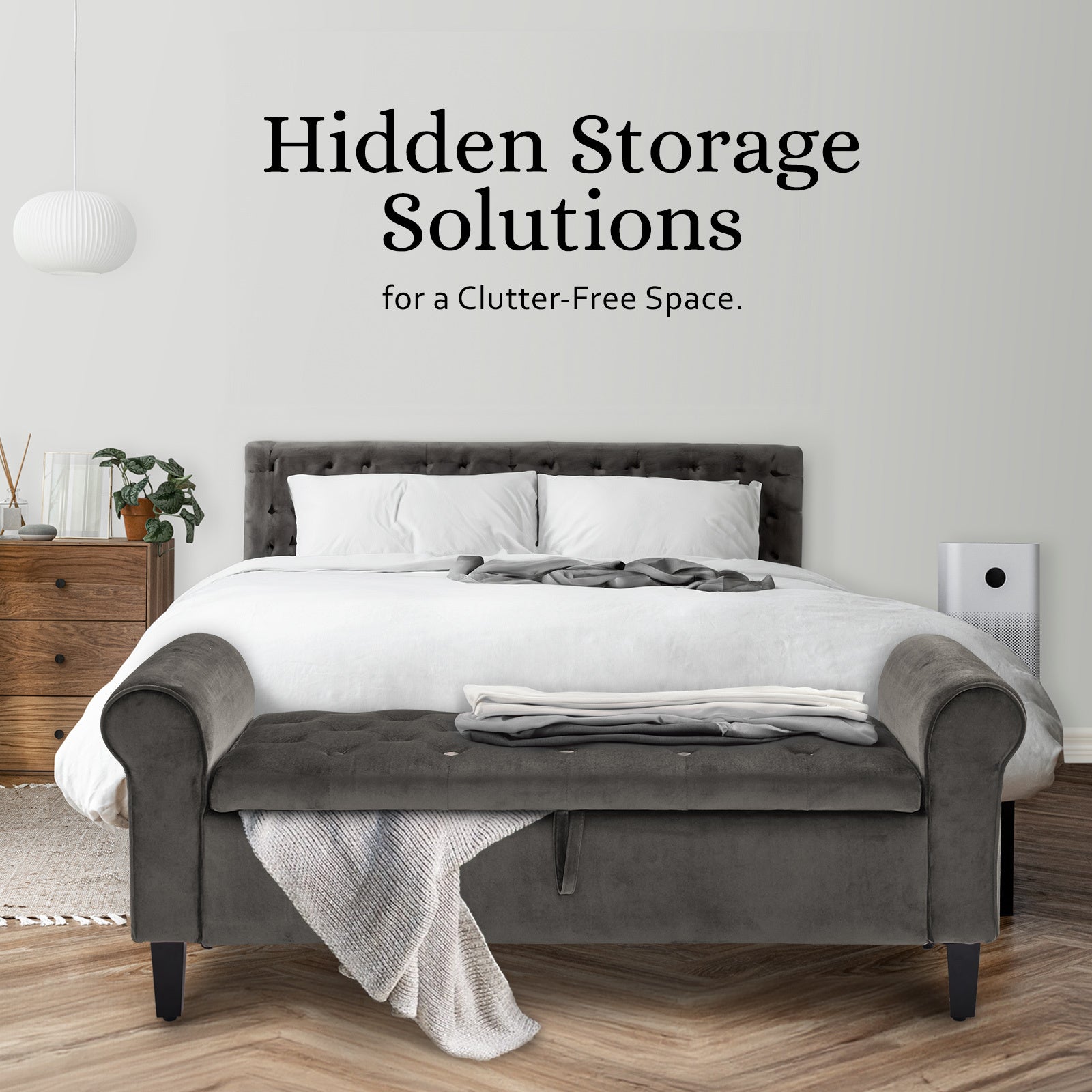 Storage Ottoman Stool Arm Bench Seat 132cm Velvet GREY - VogueDecor.au