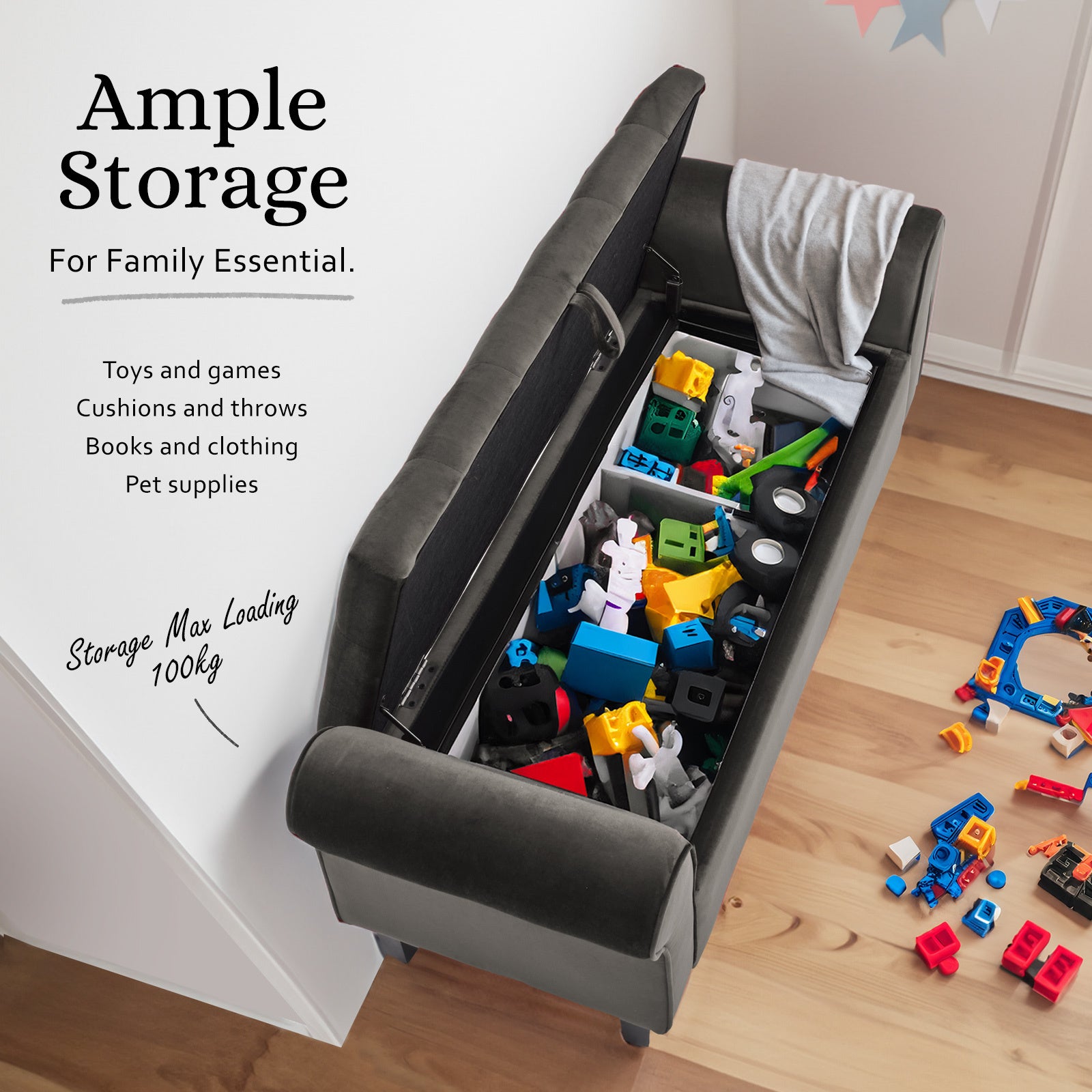 Storage Ottoman Stool Arm Bench Seat 132cm Velvet GREY - VogueDecor.au