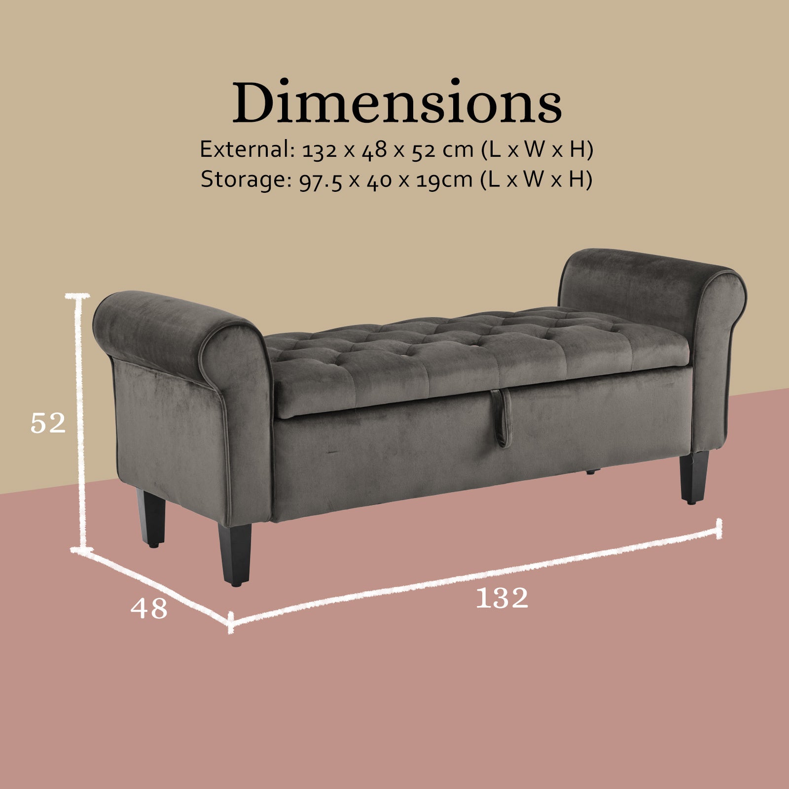 Storage Ottoman Stool Arm Bench Seat 132cm Velvet GREY - VogueDecor.au