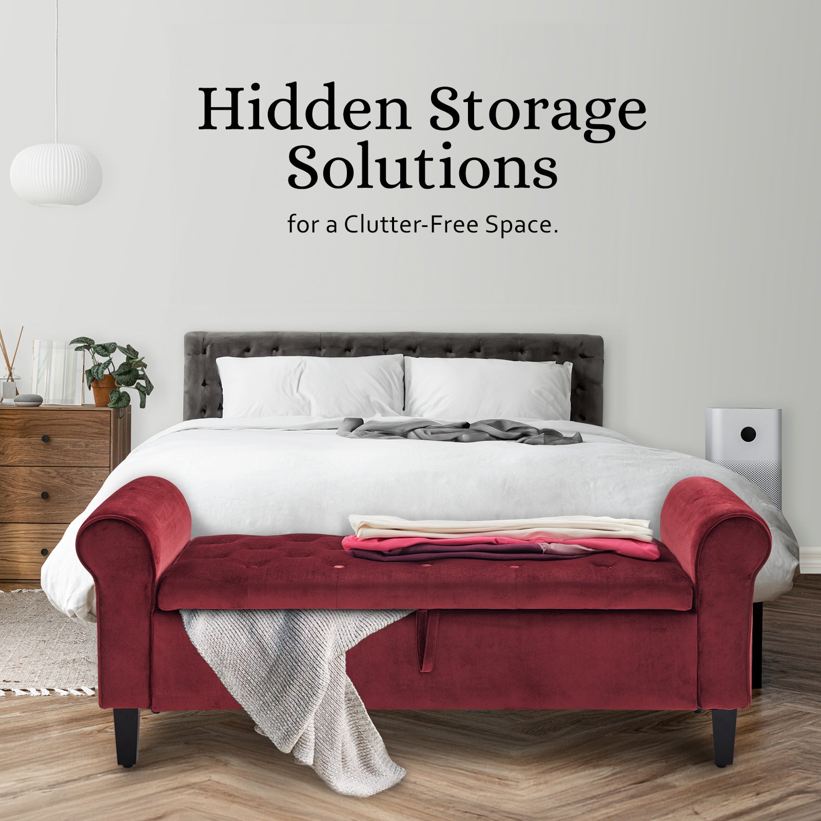 Storage Ottoman Stool Arm Bench Seat 132cm Velvet RED - VogueDecor.au