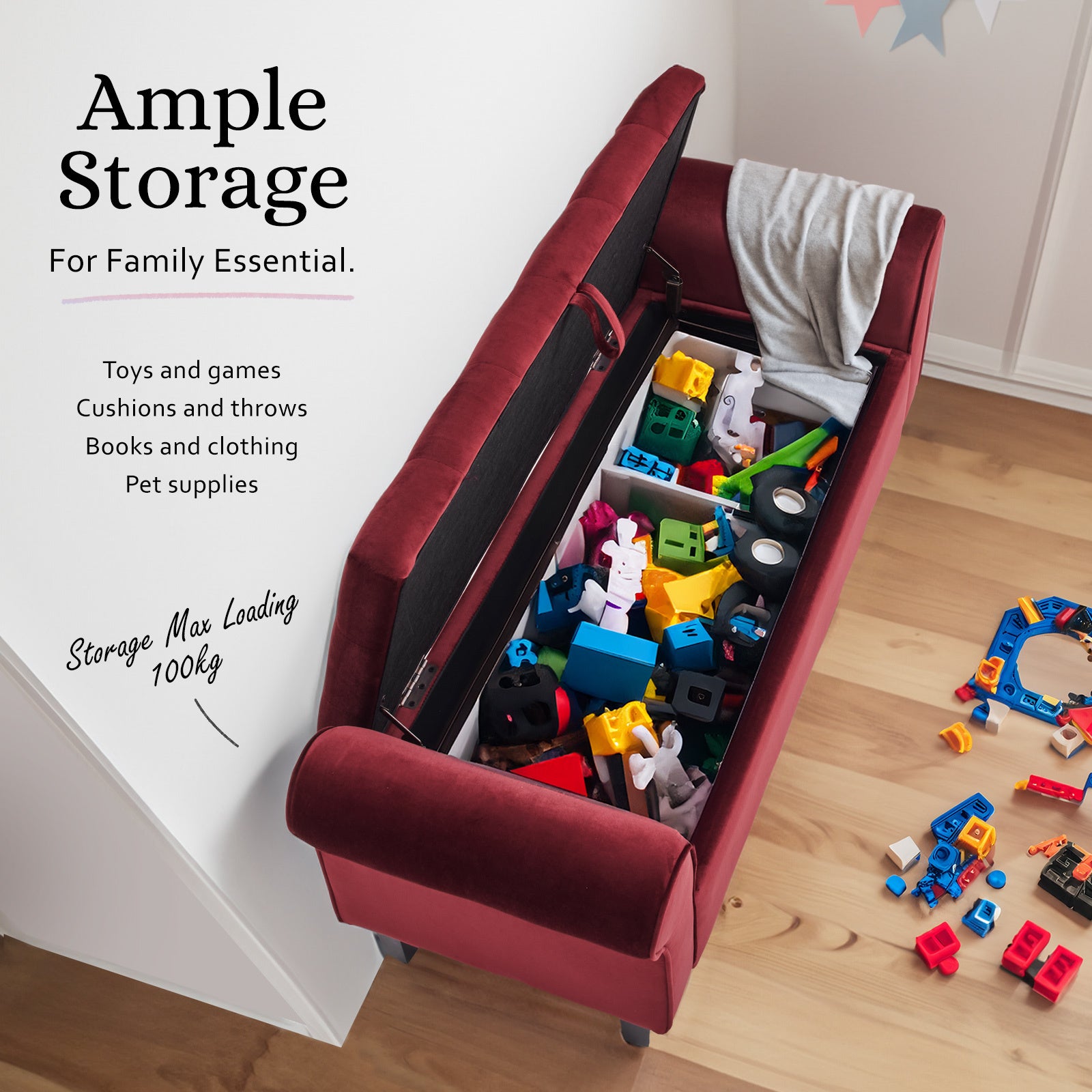 Storage Ottoman Stool Arm Bench Seat 132cm Velvet RED - VogueDecor.au