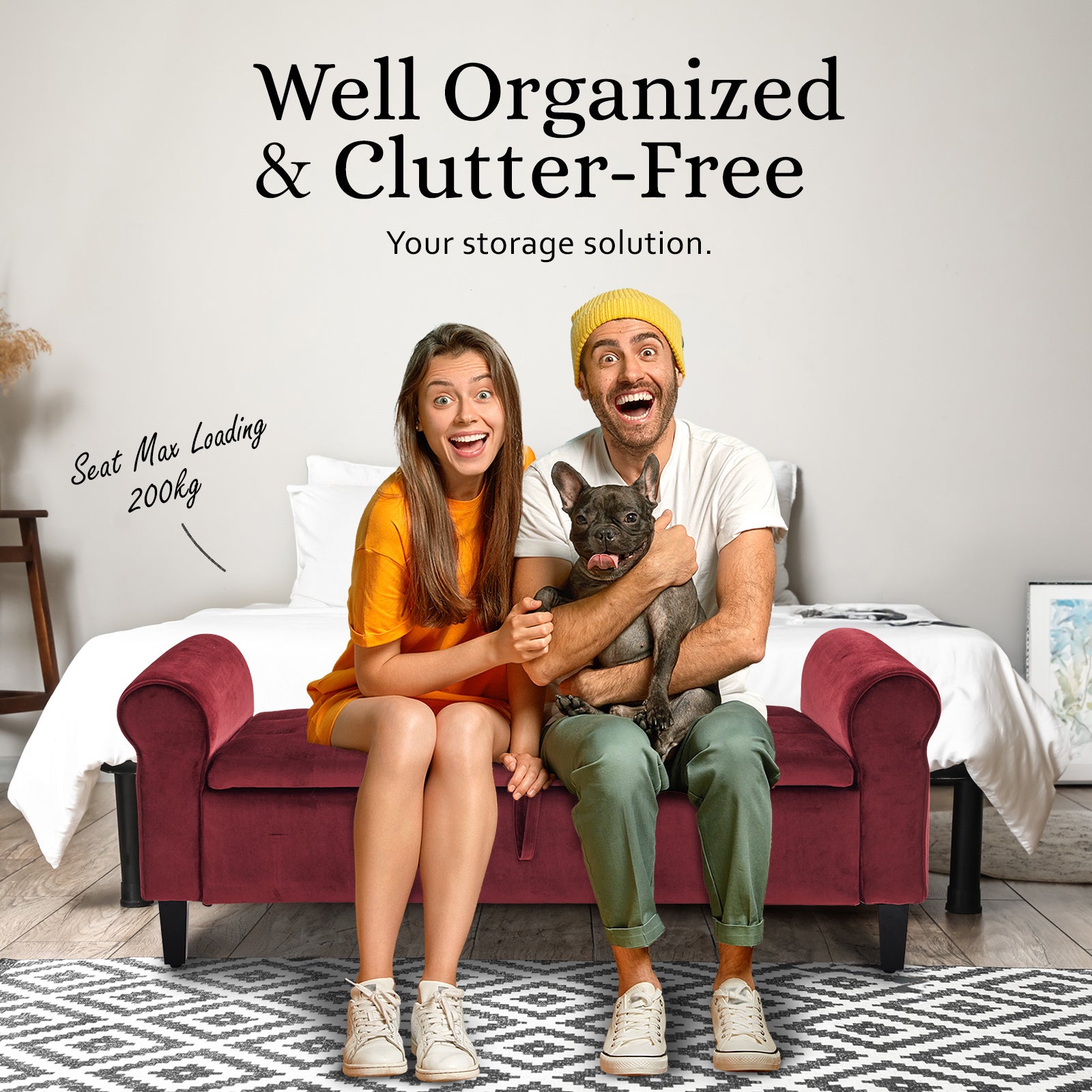 Storage Ottoman Stool Arm Bench Seat 132cm Velvet RED - VogueDecor.au