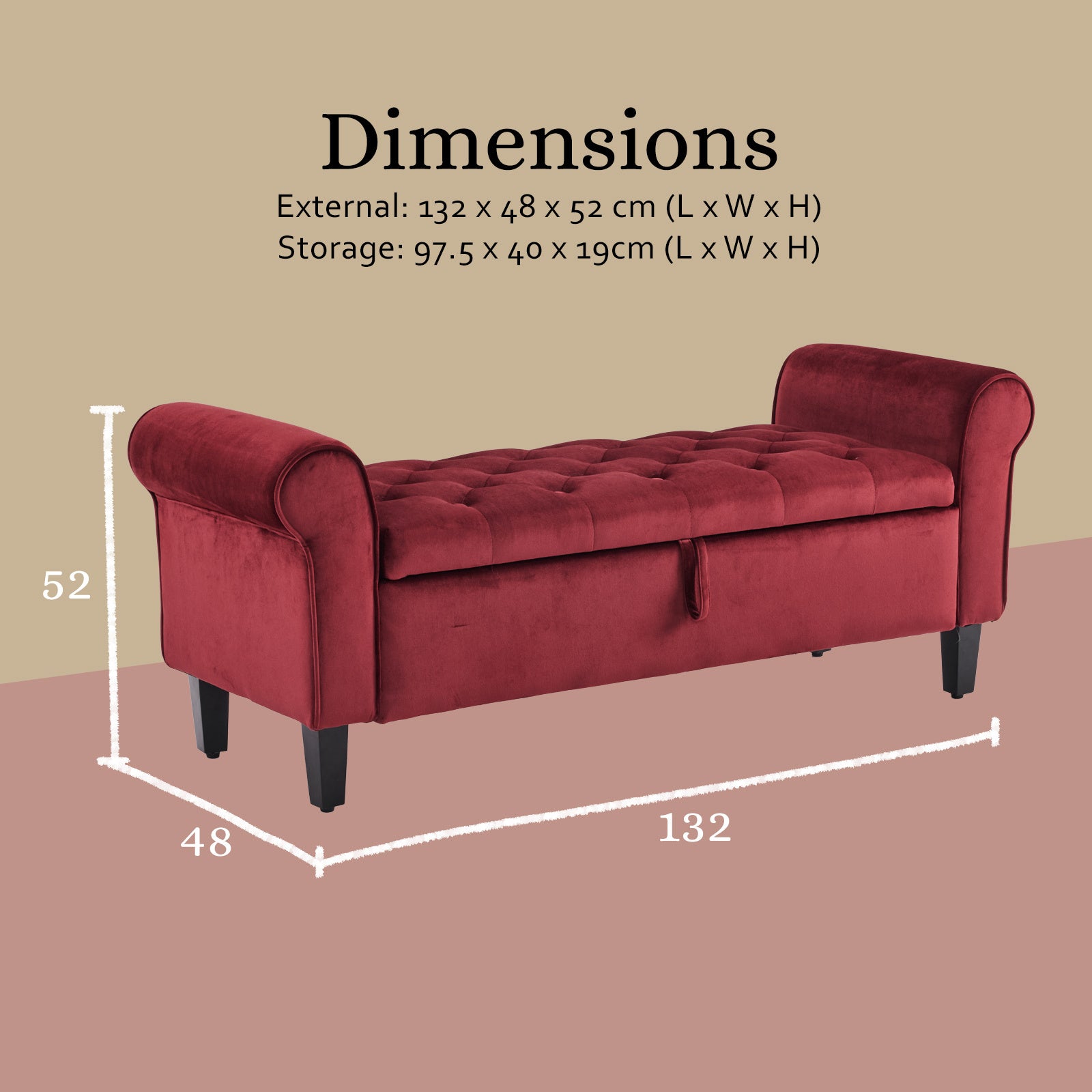 Storage Ottoman Stool Arm Bench Seat 132cm Velvet RED - VogueDecor.au