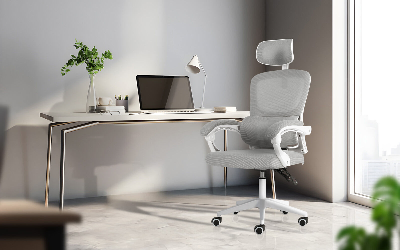 Ergonomic Reclining Office Chair - Lumbar Support, Adjustable Headrest VELTRA - GREY