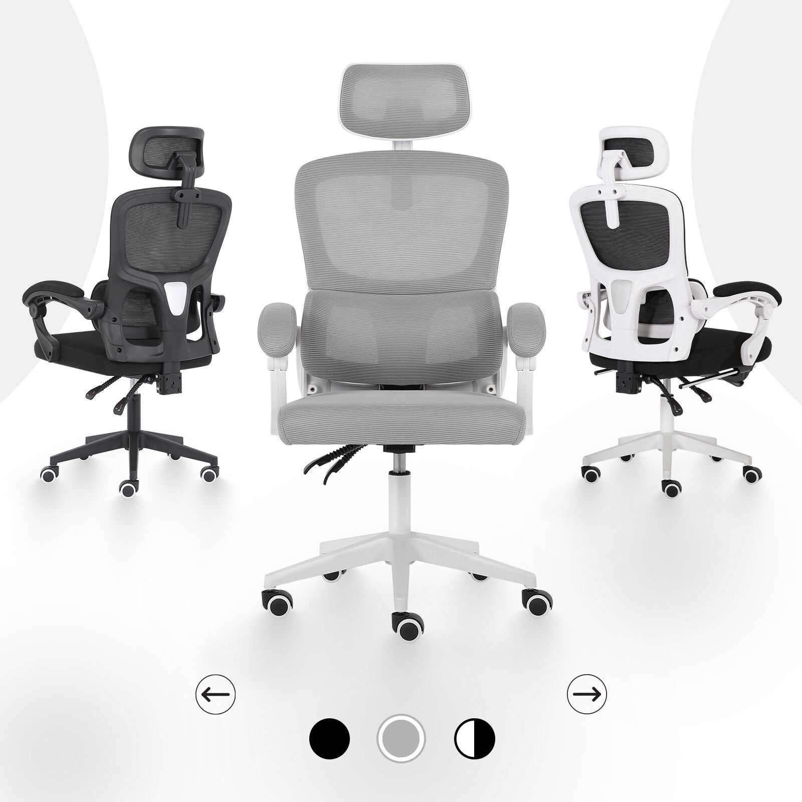 Ergonomic Reclining Office Chair - Lumbar Support, Adjustable Headrest VELTRA - GREY