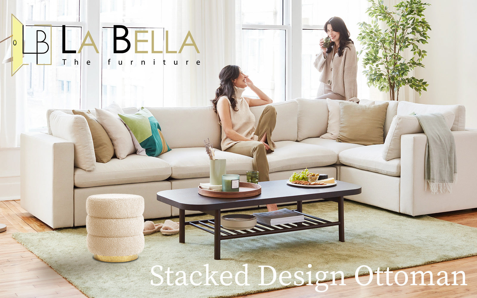 Round Stacked Ottoman Stool Teddy Fleece Fabric Foot Rest 38cm BEIGE - VogueDecor.au