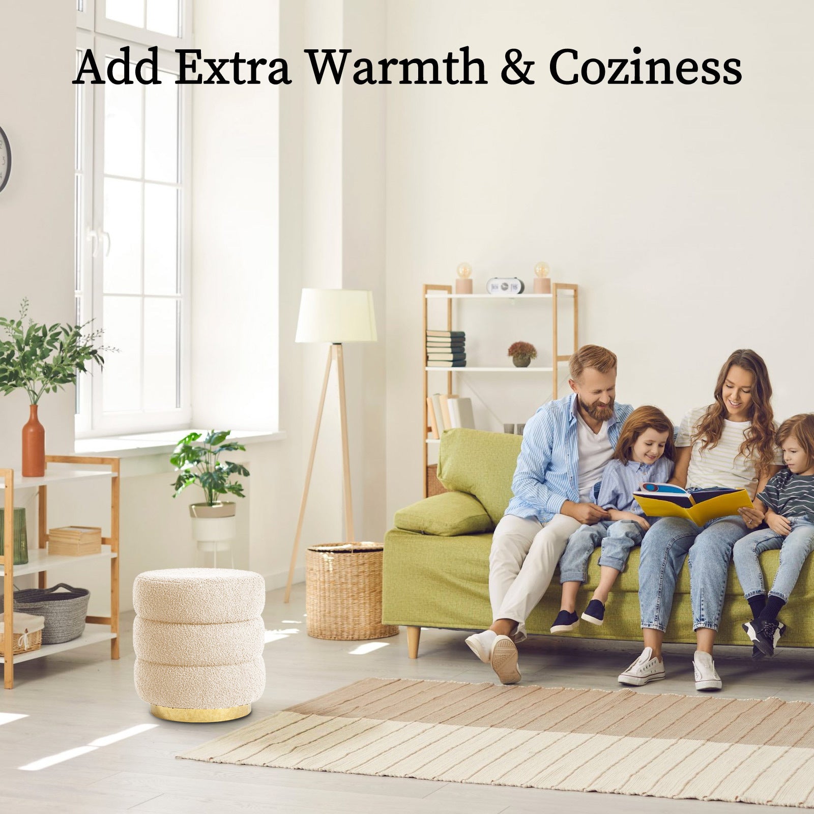 Round Stacked Ottoman Stool Teddy Fleece Fabric Foot Rest 38cm BEIGE - VogueDecor.au