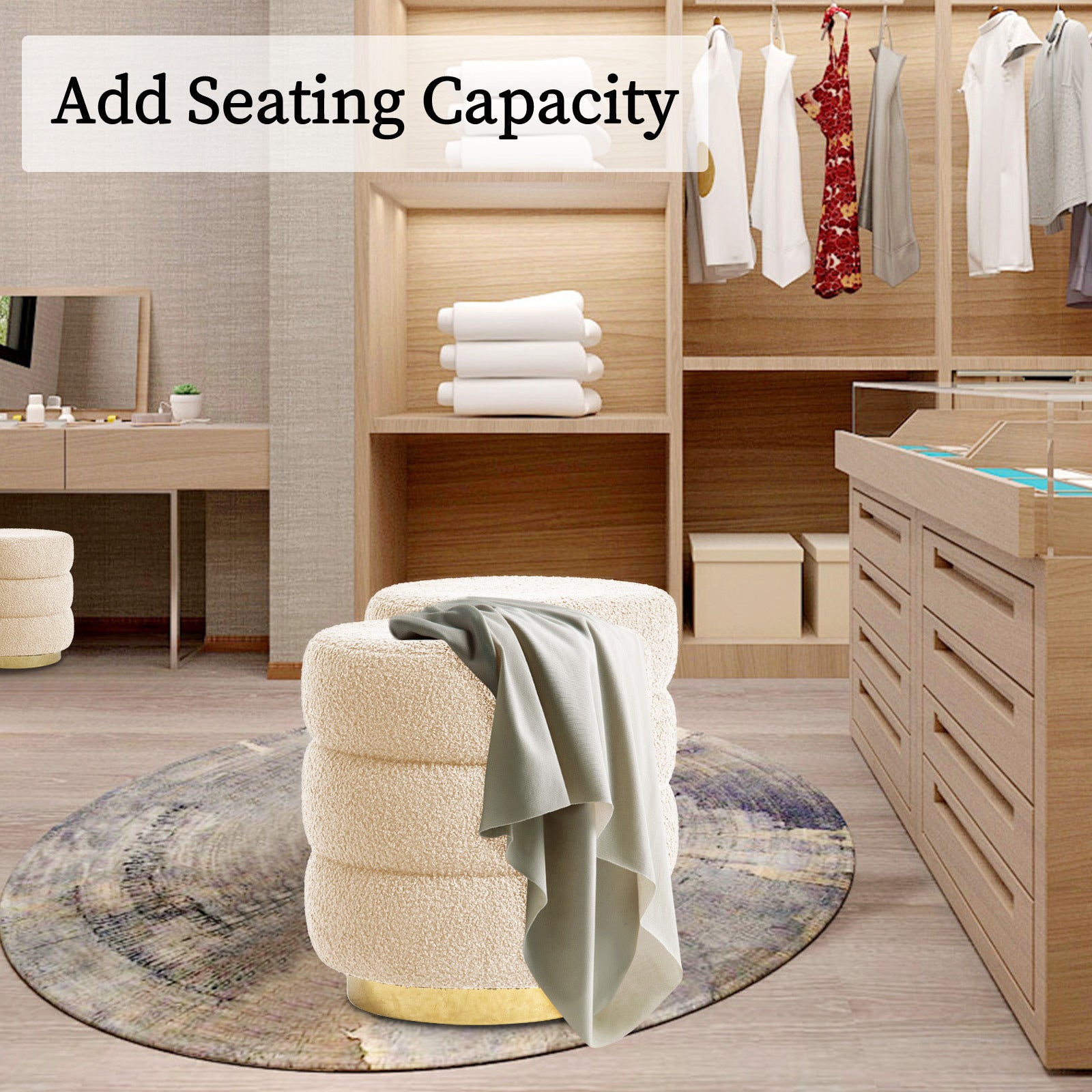 Round Stacked Ottoman Stool Teddy Fleece Fabric Foot Rest 38cm BEIGE - VogueDecor.au