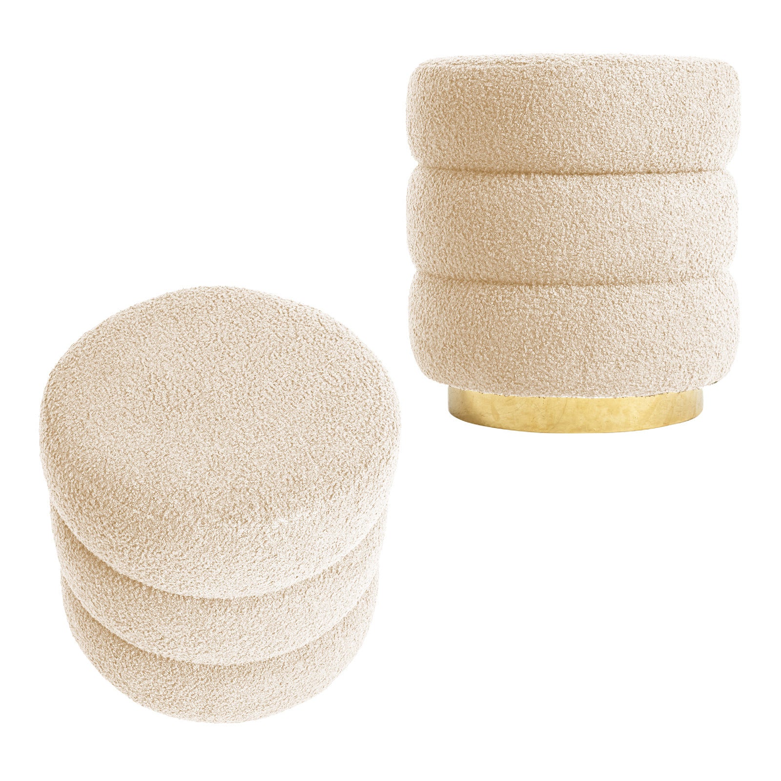 2X Round Stacked Ottoman Stool Teddy Fleece Fabric Foot Rest 38cm BEIGE - VogueDecor.au