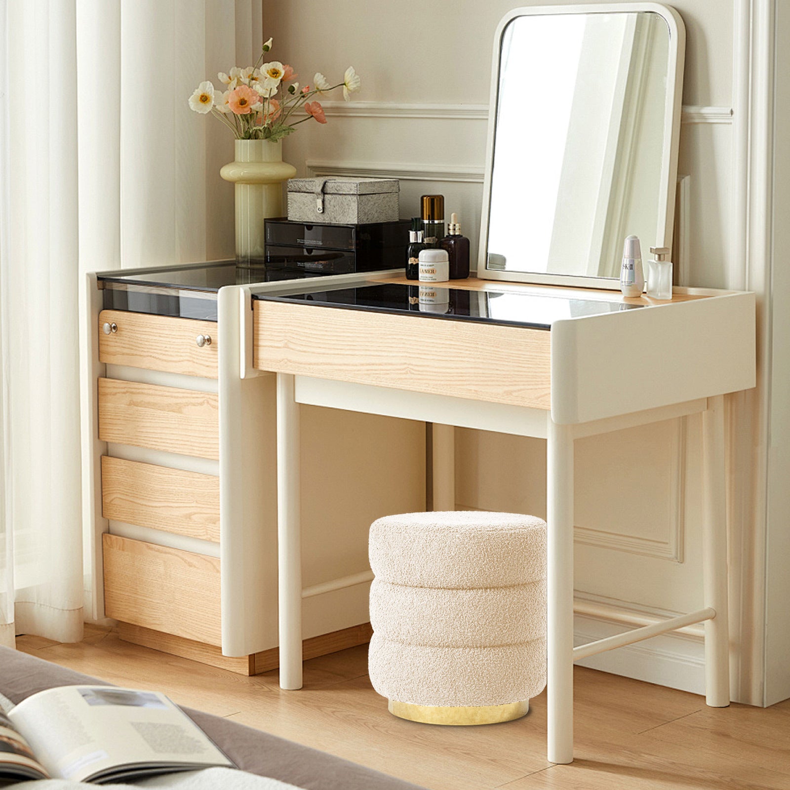 2X Round Stacked Ottoman Stool Teddy Fleece Fabric Foot Rest 38cm BEIGE - VogueDecor.au