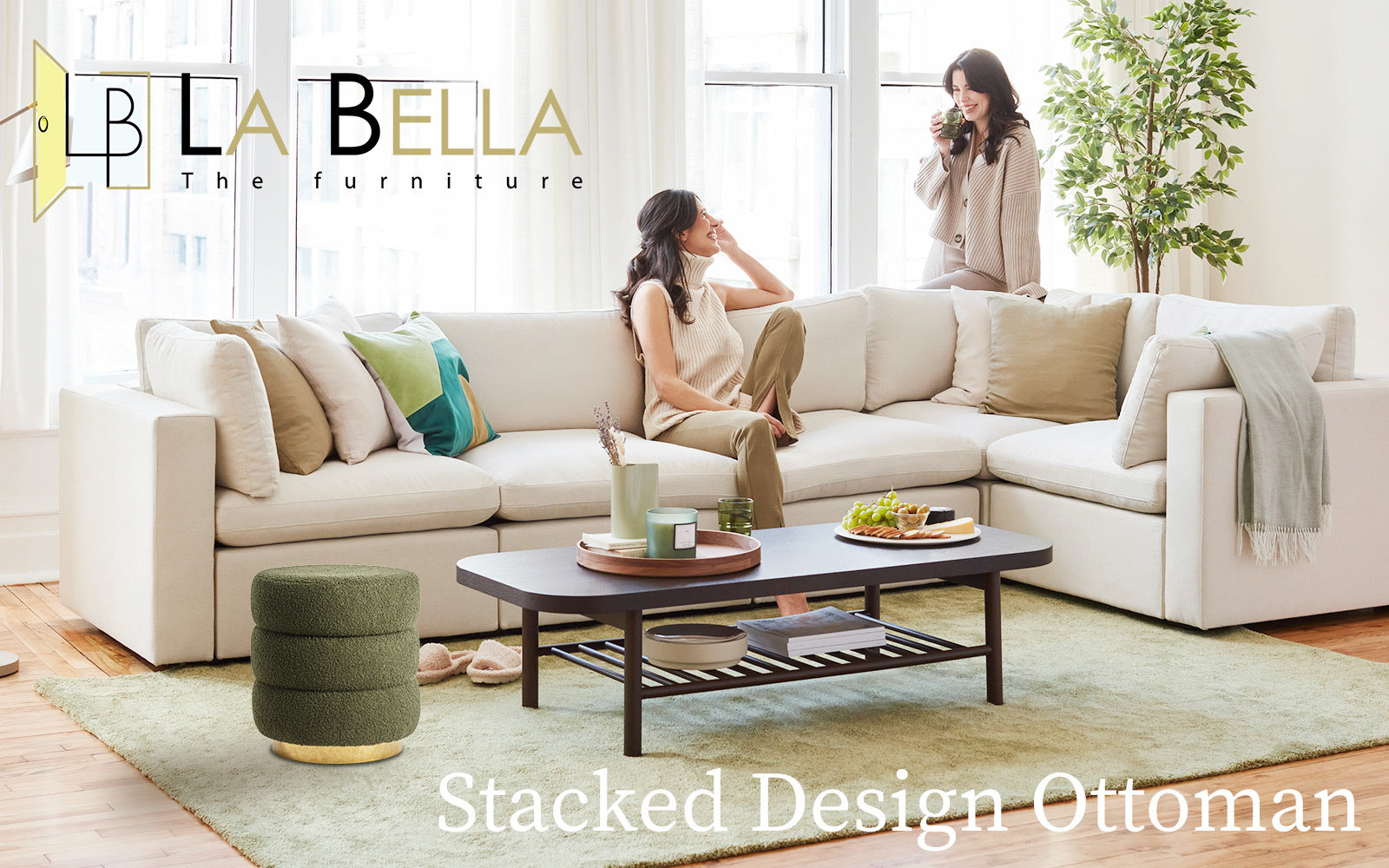 Round Stacked Ottoman Stool Teddy Fleece Fabric Foot Rest 38cm GREEN - VogueDecor.au