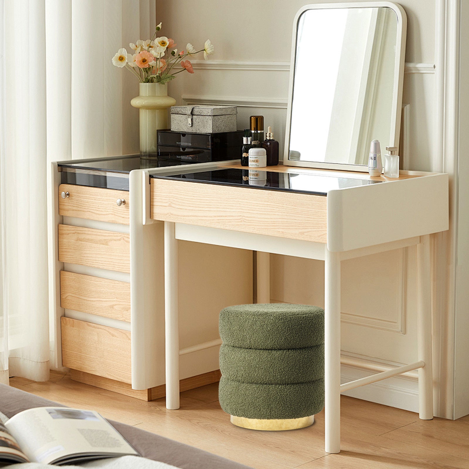 Round Stacked Ottoman Stool Teddy Fleece Fabric Foot Rest 38cm GREEN - VogueDecor.au