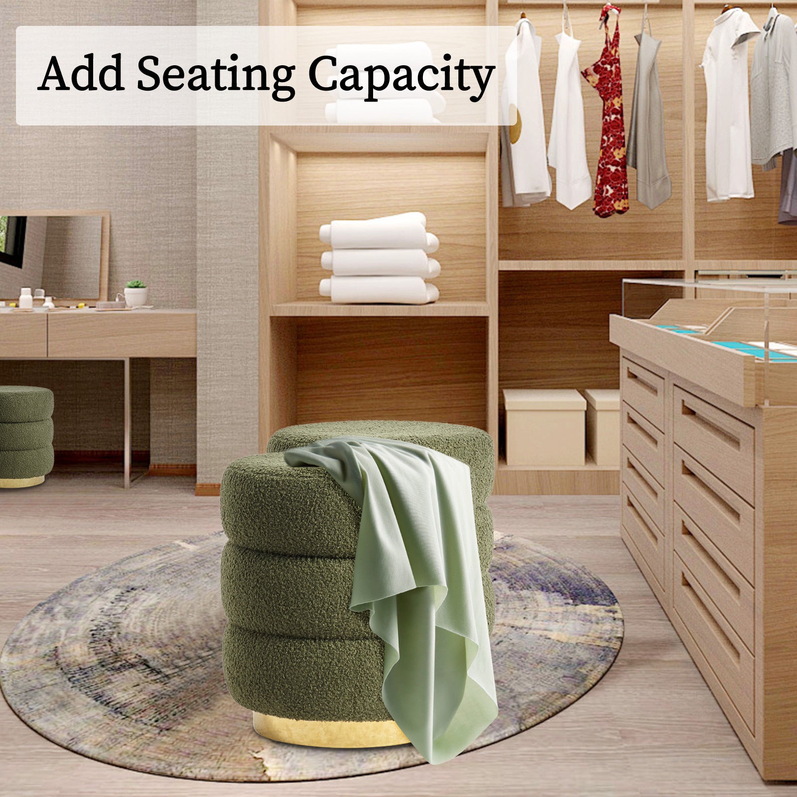 Round Stacked Ottoman Stool Teddy Fleece Fabric Foot Rest 38cm GREEN - VogueDecor.au