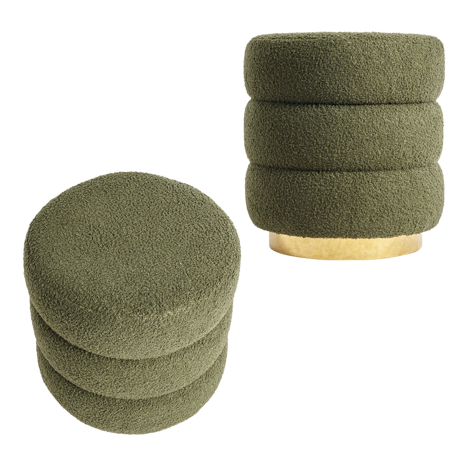 2X Round Stacked Ottoman Stool Teddy Fleece Fabric Foot Rest 38cm GREEN - VogueDecor.au