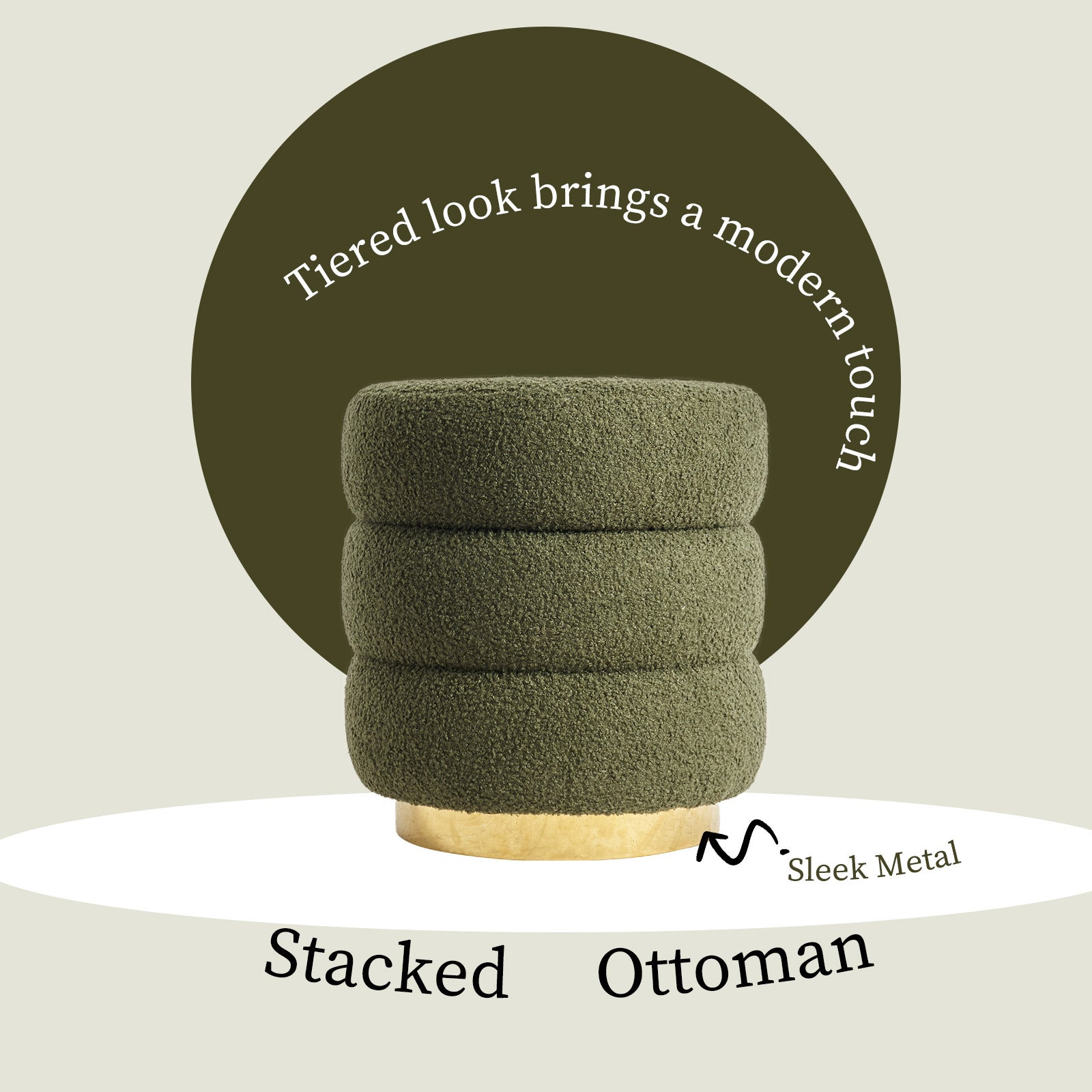 2X Round Stacked Ottoman Stool Teddy Fleece Fabric Foot Rest 38cm GREEN - VogueDecor.au