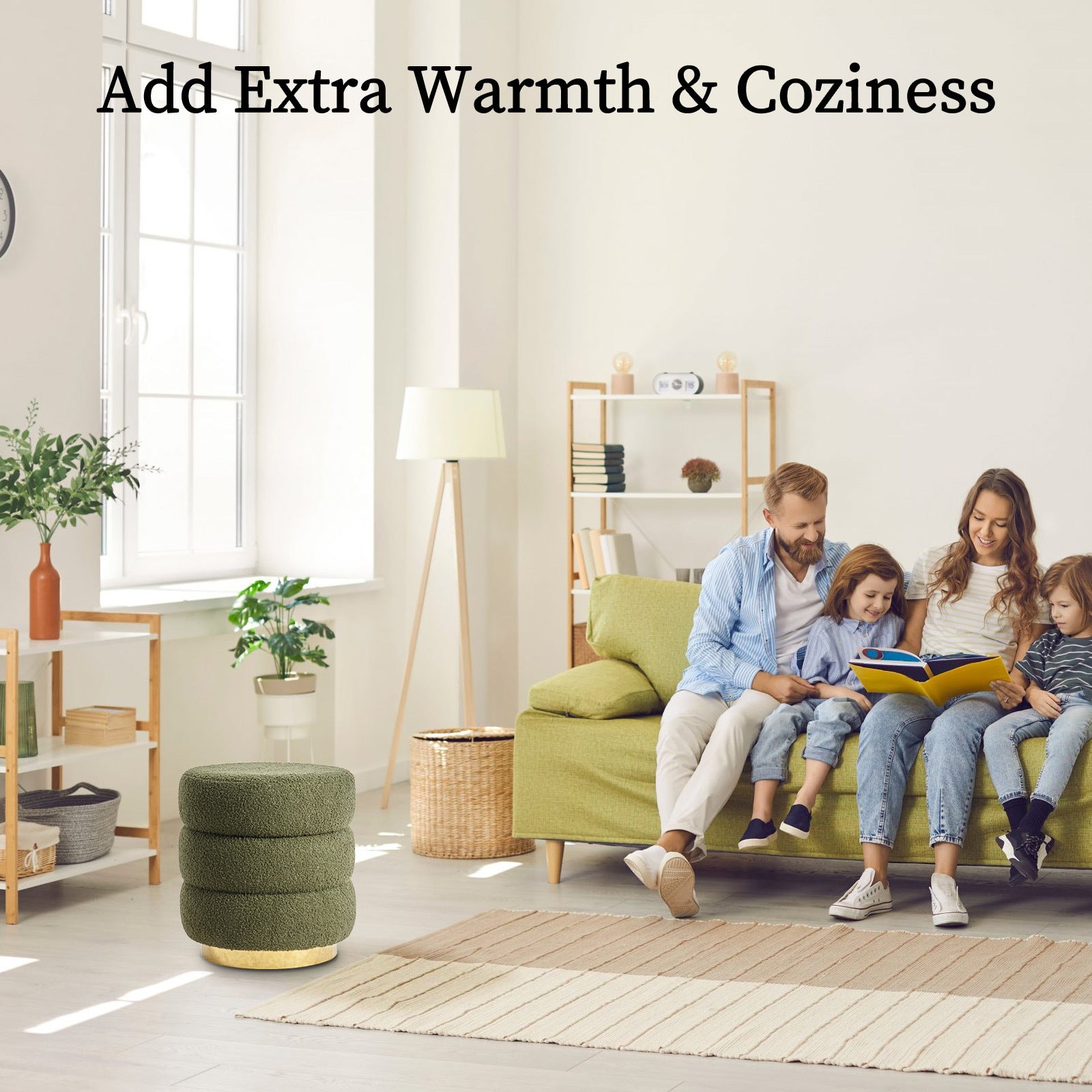 2X Round Stacked Ottoman Stool Teddy Fleece Fabric Foot Rest 38cm GREEN - VogueDecor.au