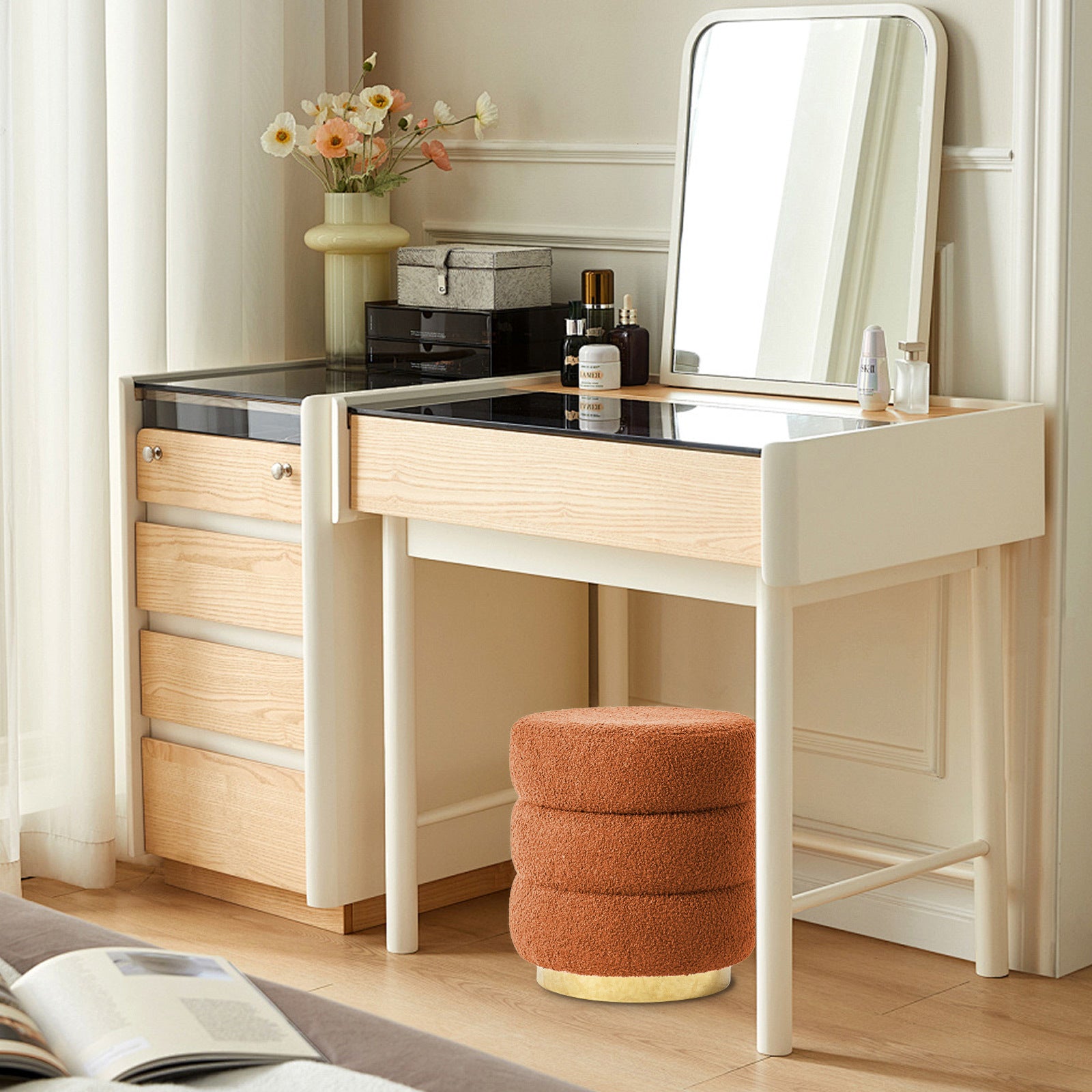 Round Stacked Ottoman Stool Teddy Fleece Fabric Foot Rest 38cm ORANGE - VogueDecor.au