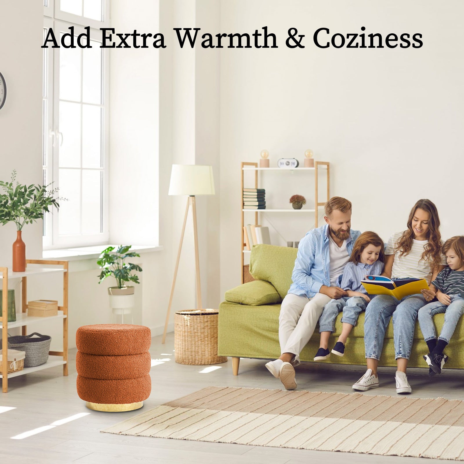 Round Stacked Ottoman Stool Teddy Fleece Fabric Foot Rest 38cm ORANGE - VogueDecor.au