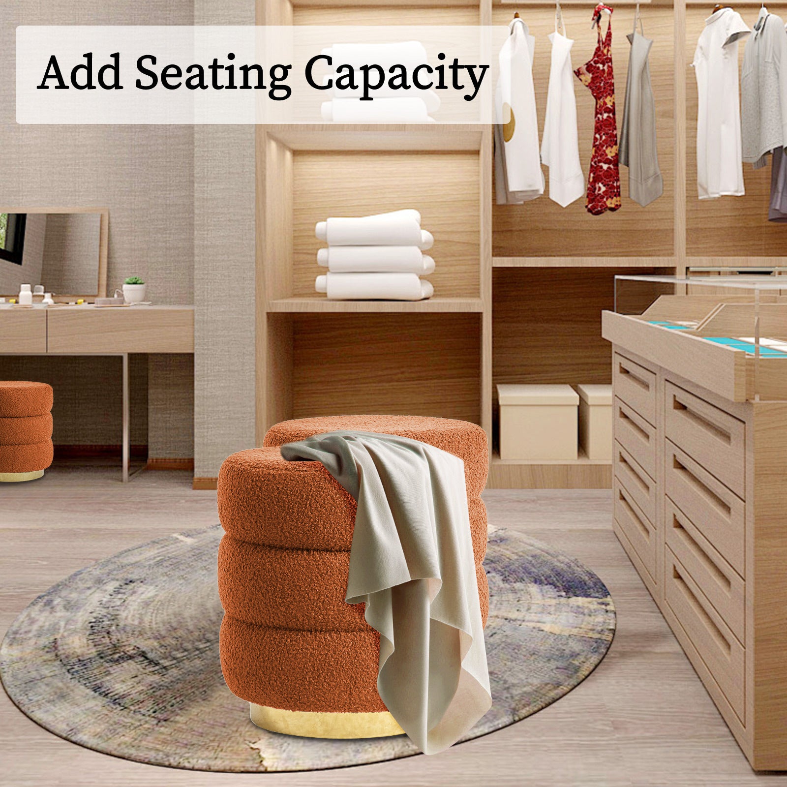 Round Stacked Ottoman Stool Teddy Fleece Fabric Foot Rest 38cm ORANGE - VogueDecor.au