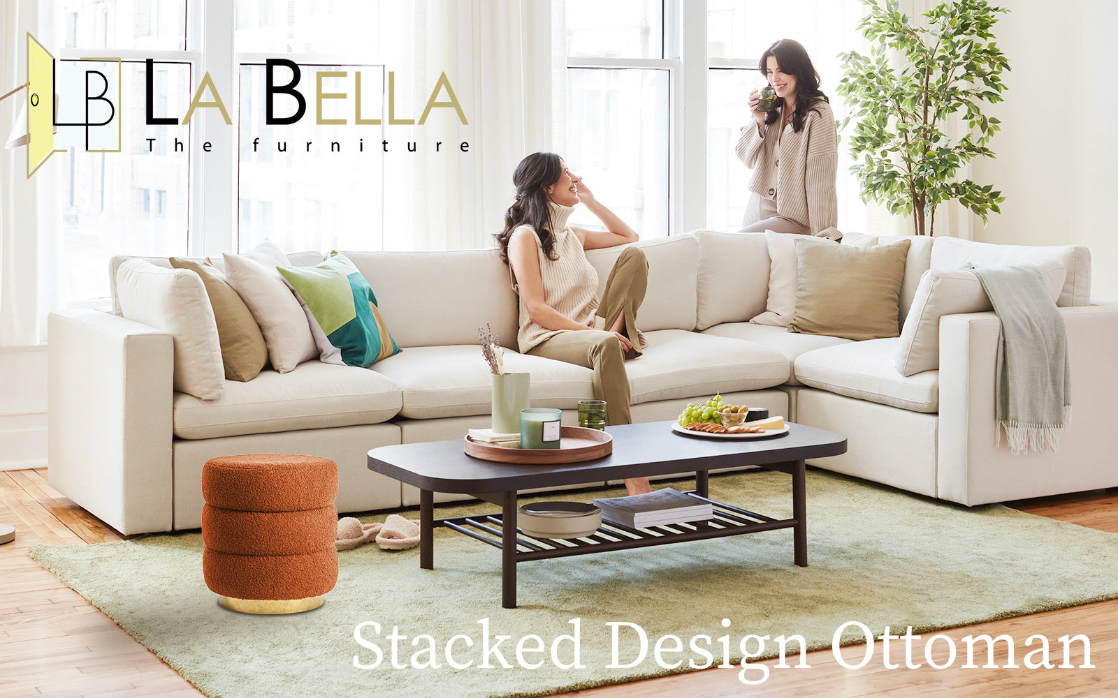 2X Round Stacked Ottoman Stool Teddy Fleece Fabric Foot Rest 38cm ORANGE - VogueDecor.au