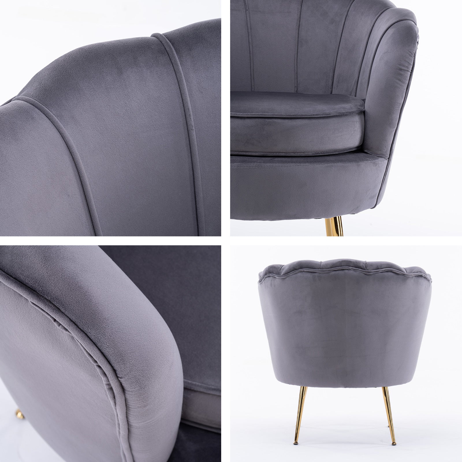 Armchair Padded Lounge Chair Accent Velvet Shell Scallop GREY - VogueDecor.au