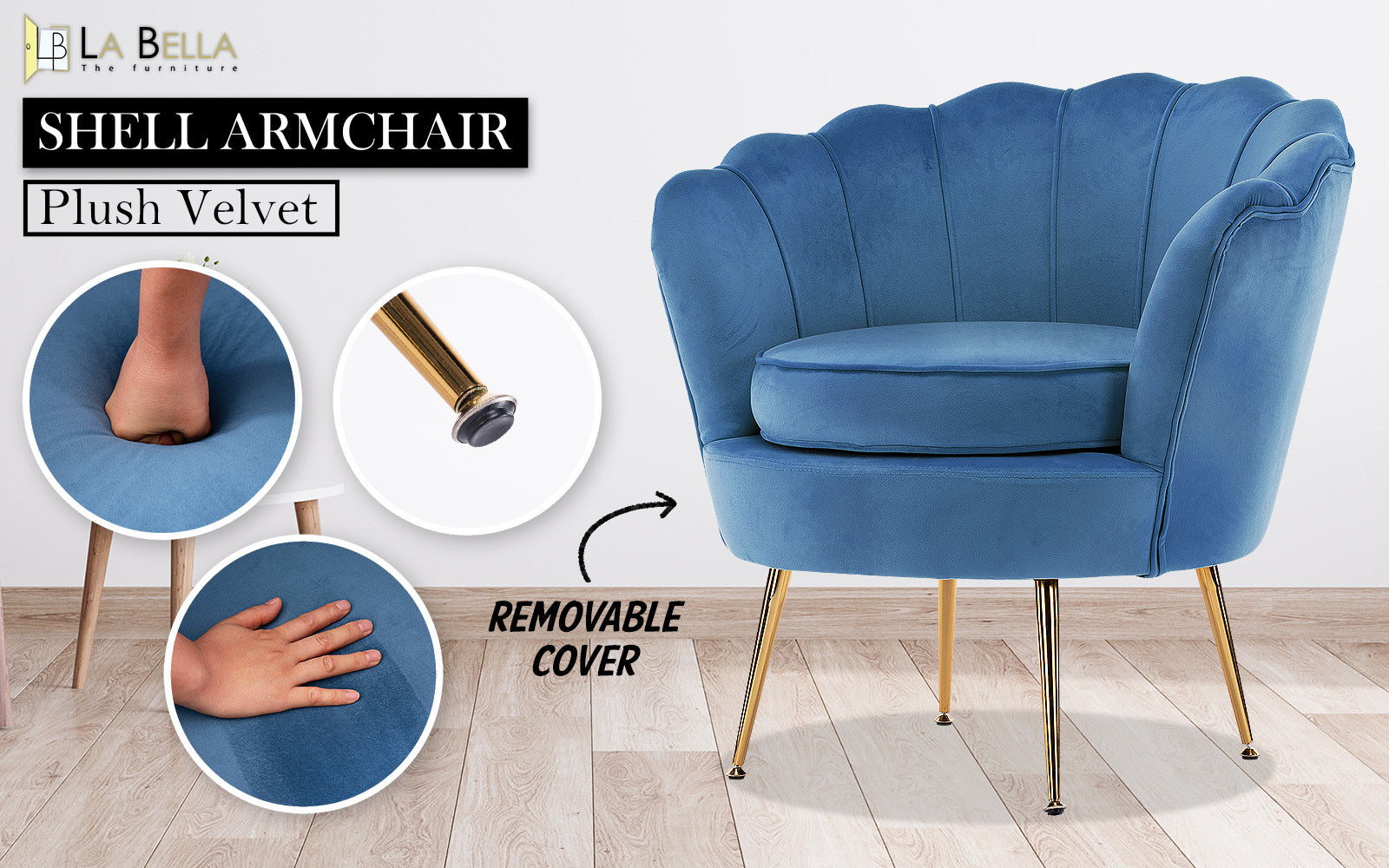 Armchair Padded Lounge Chair Accent Velvet Shell Scallop NAVY BLUE - VogueDecor.au